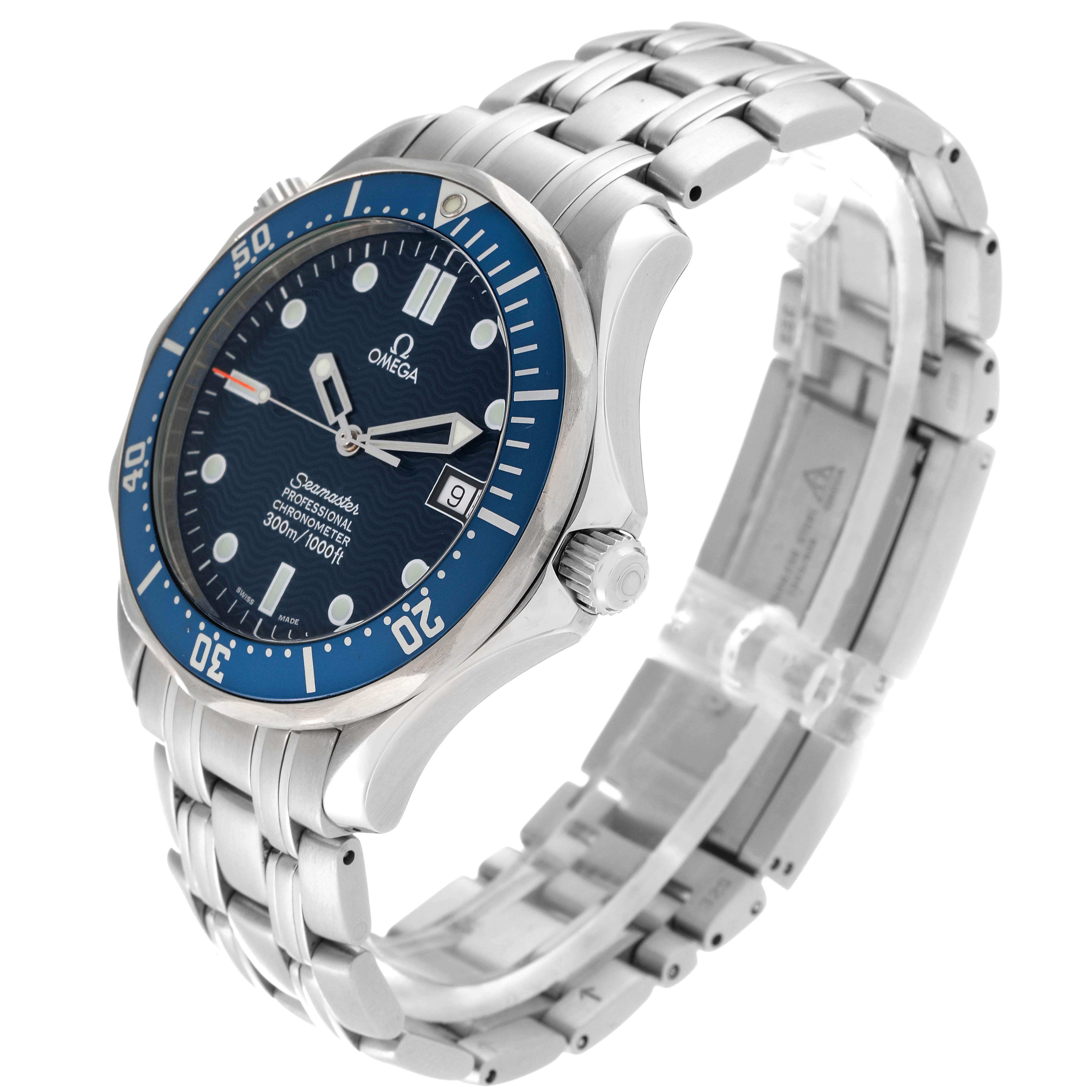The image shows an Omega Seamaster 2531.80.00 Men's Stainless Steel Blue Dial 2531.80.00 Men's Stainless Steel Blue Dial watch angled from the front and side, displaying the dial, bezel, crown, and metal bracelet.