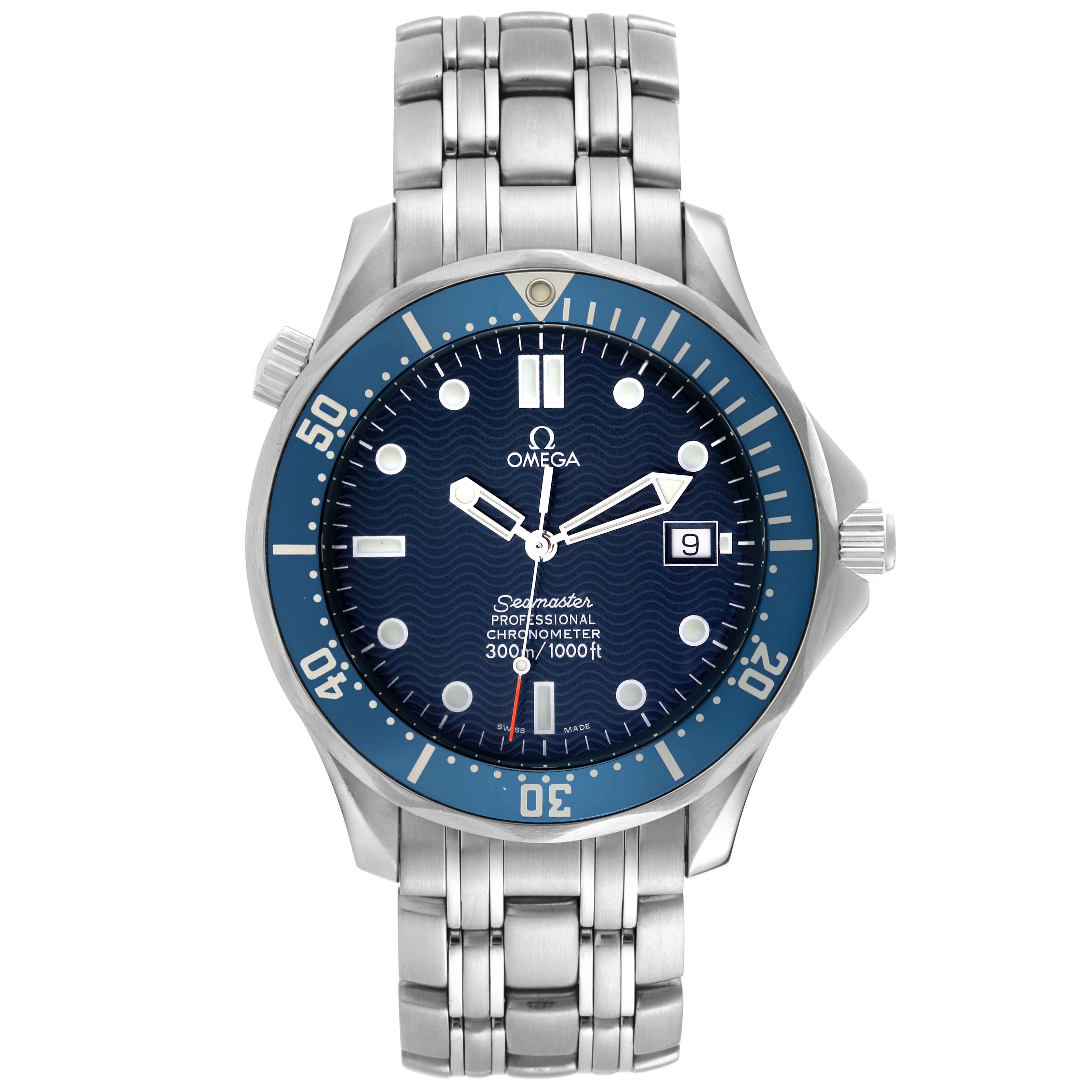 The image shows a front view of an Omega Seamaster 2531.80.00 Men's Stainless Steel Blue Dial 2531.80.00 Men's Stainless Steel Blue Dial watch, displaying its dial, bezel, hands, date window, and bracelet.