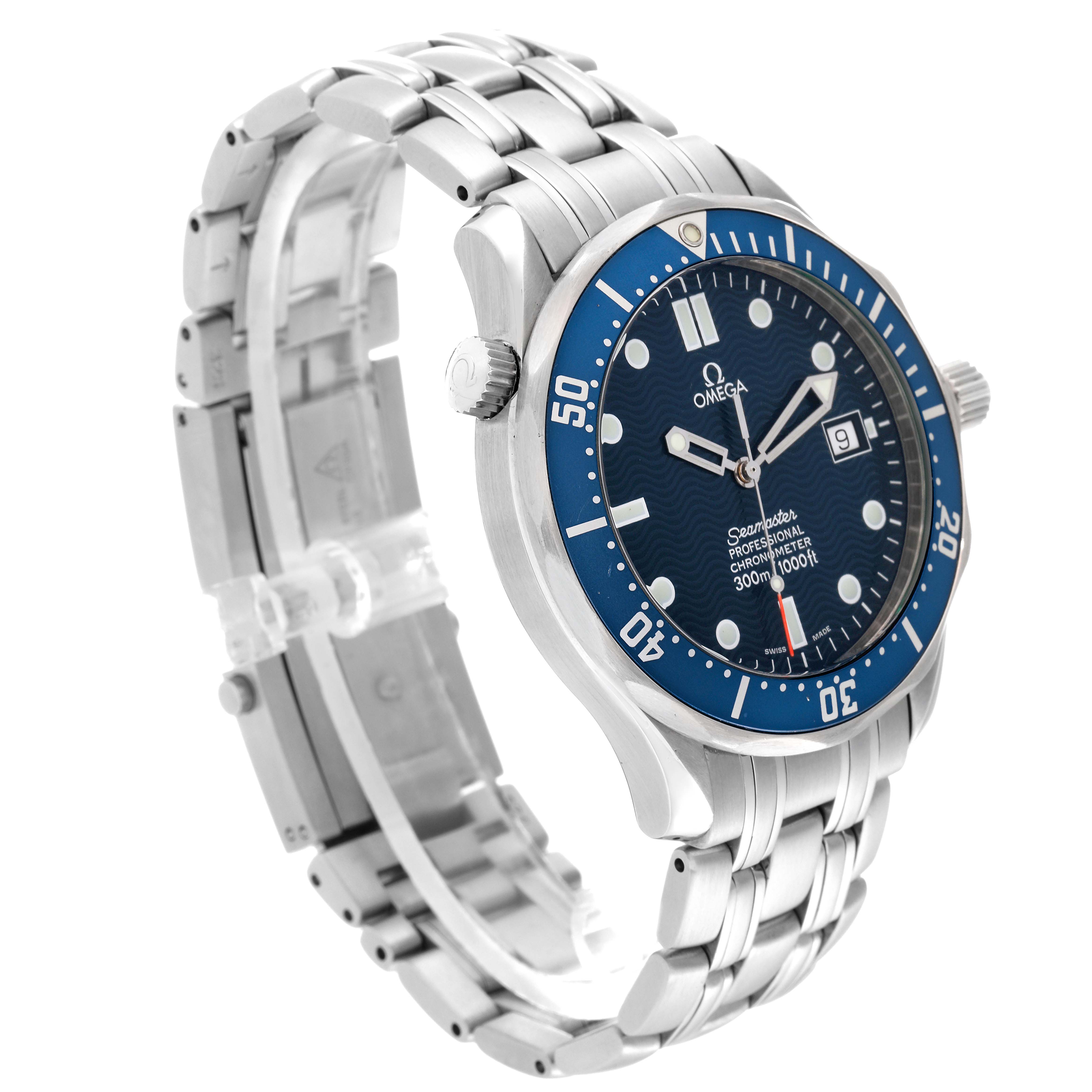 This image shows a side perspective of the Omega Seamaster 2531.80.00 Men's Stainless Steel Blue Dial 2531.80.00 Men's Stainless Steel Blue Dial watch, highlighting the case, bezel, dial, and bracelet.