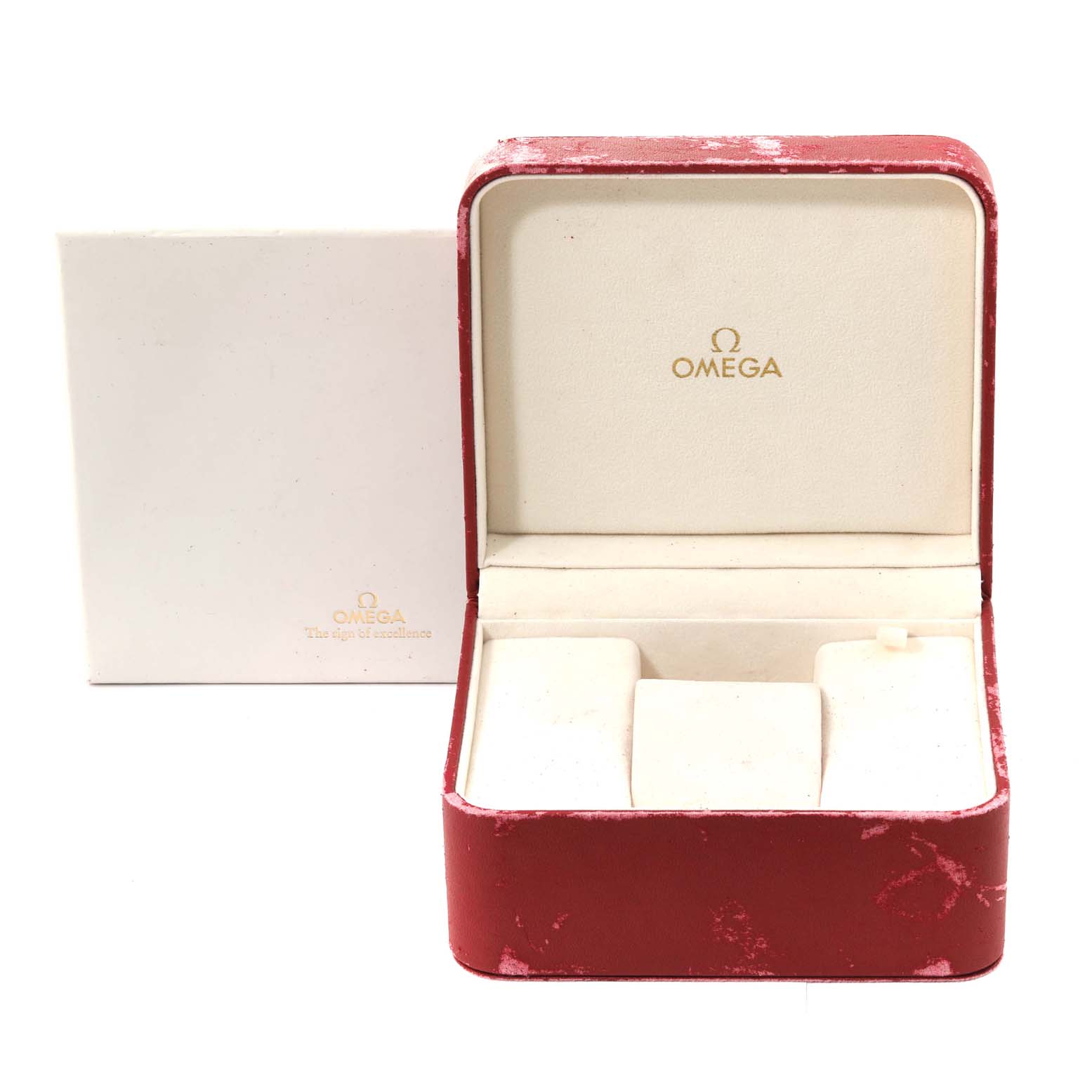 The image shows an Omega Seamaster 2531.80.00 Men's Stainless Steel Blue Dial 2531.80.00 Men's Stainless Steel Blue Dial watch box, open with padding inside, and the Omega branding visible.