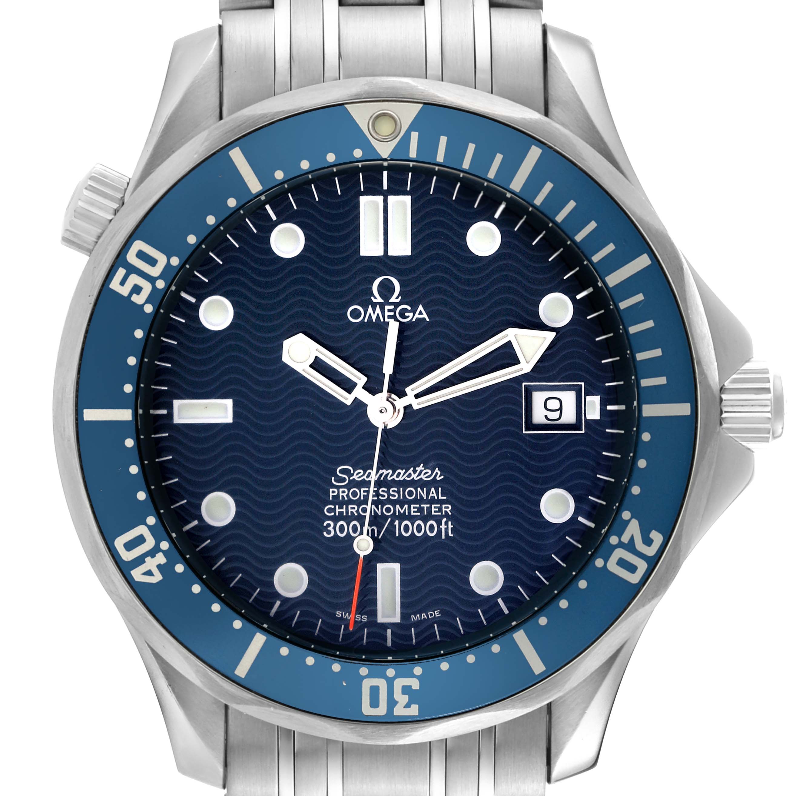 The image shows a front view of the Omega Seamaster 2531.80.00 Men's Stainless Steel Blue Dial 2531.80.00 Men's Stainless Steel Blue Dial watch, highlighting the dial, bezel, and bracelet.