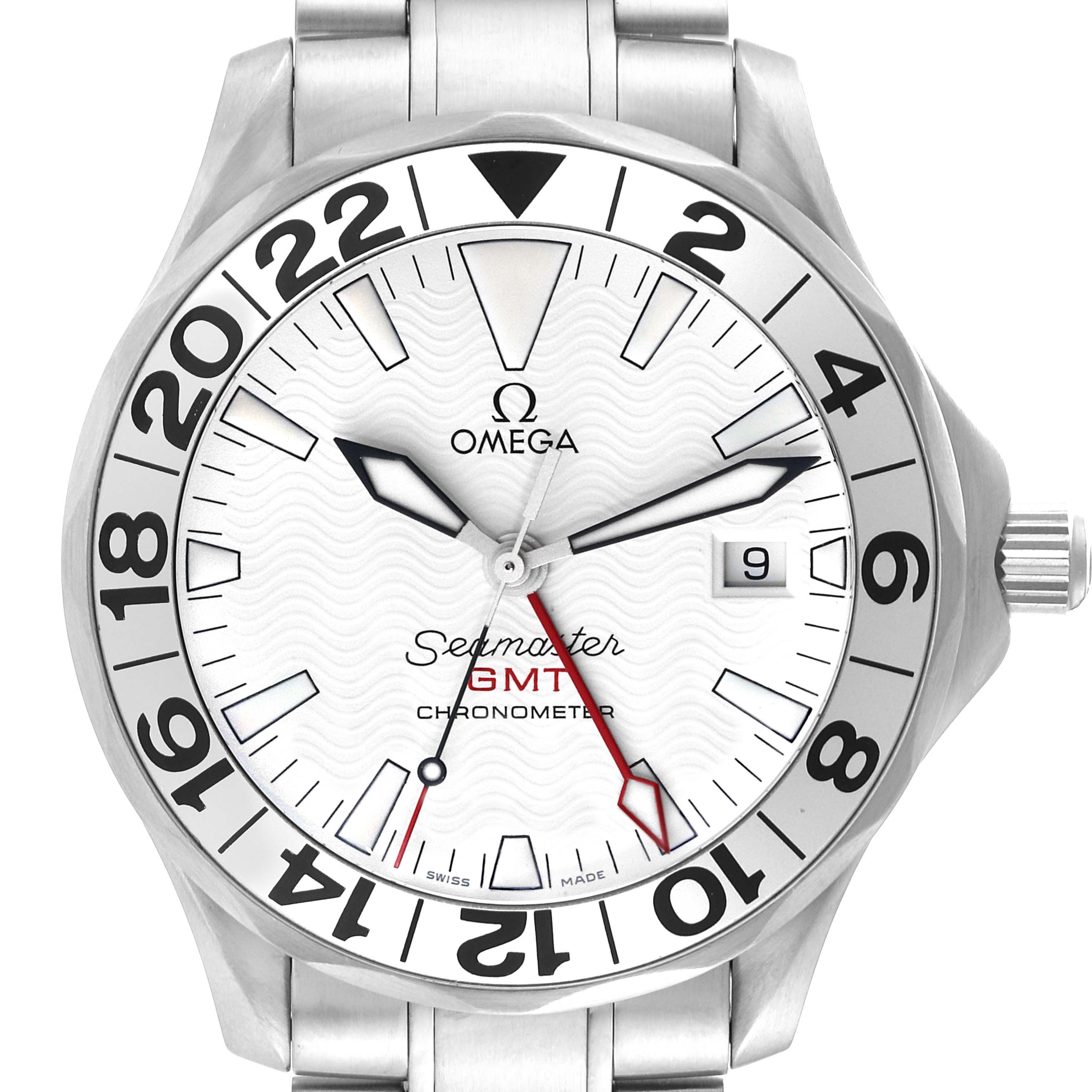 The Omega Seamaster 2538.20.00 Men
s Stainless Steel White Dial 2538.20.00 Men
s Stainless Steel White Dial GMT watch is shown from a front angle, displaying the dial, hands, bezel, crown, date window, and part of the bracelet.