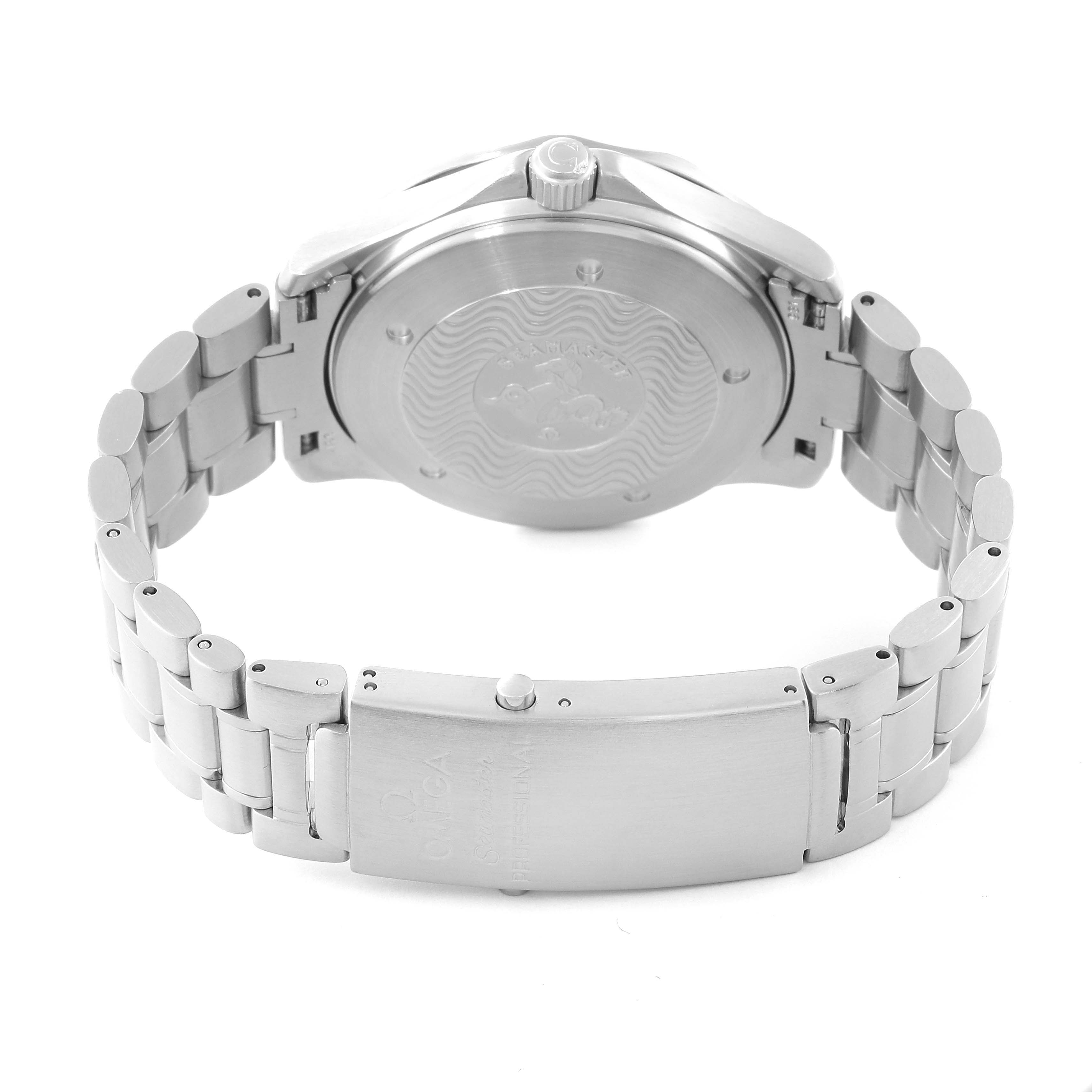 The image shows the back and stainless steel bracelet clasp of an Omega Seamaster 2538.20.00 Men
s Stainless Steel White Dial 2538.20.00 Men
s Stainless Steel White Dial watch.