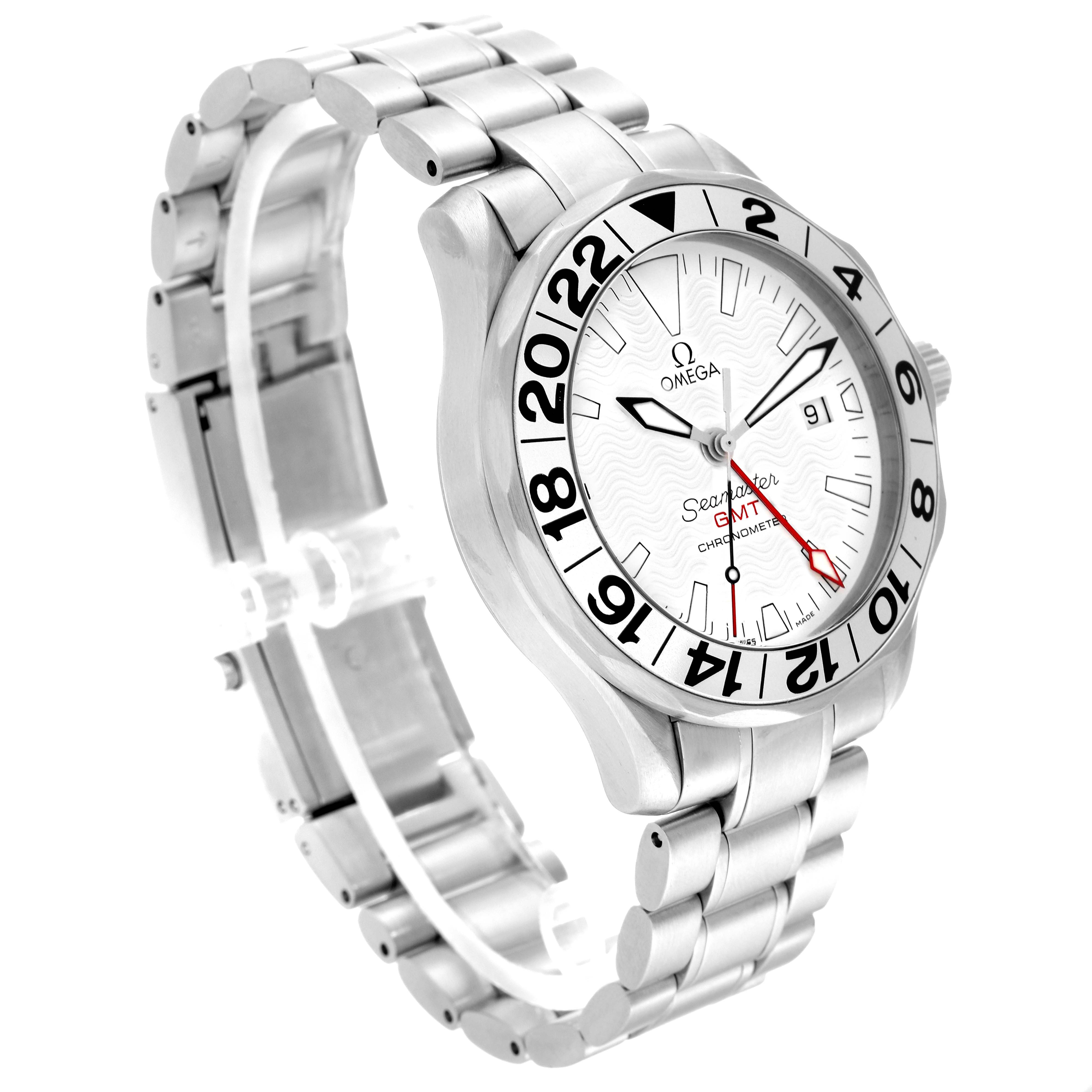 The Omega Seamaster 2538.20.00 Men
s Stainless Steel White Dial 2538.20.00 Men
s Stainless Steel White Dial watch is shown from a front angle, highlighting its face, bezel, crown, and metal bracelet.