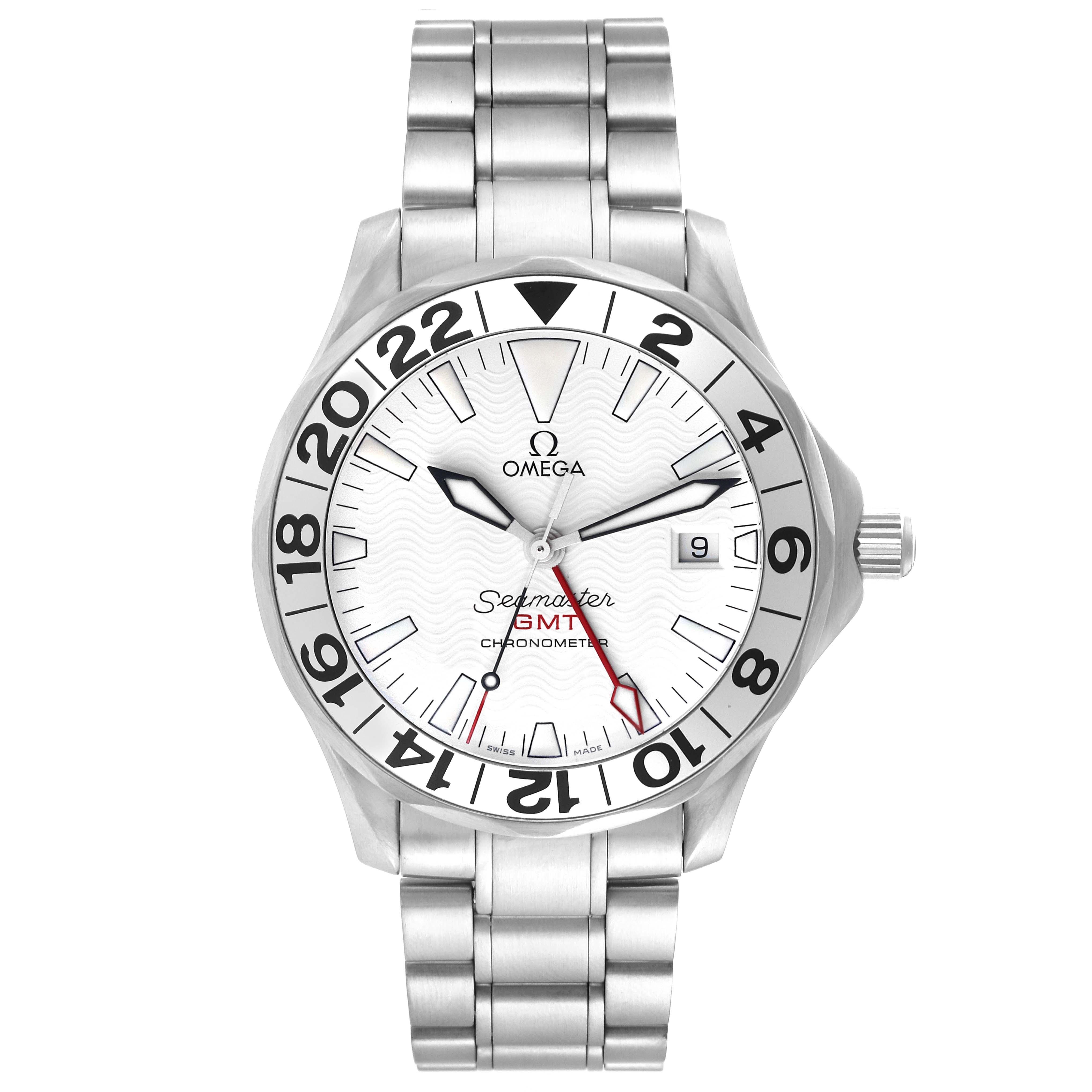 The image shows a front view of an Omega Seamaster 2538.20.00 Men
s Stainless Steel White Dial 2538.20.00 Men
s Stainless Steel White Dial watch, displaying the dial, bezel, bracelet, and crown.