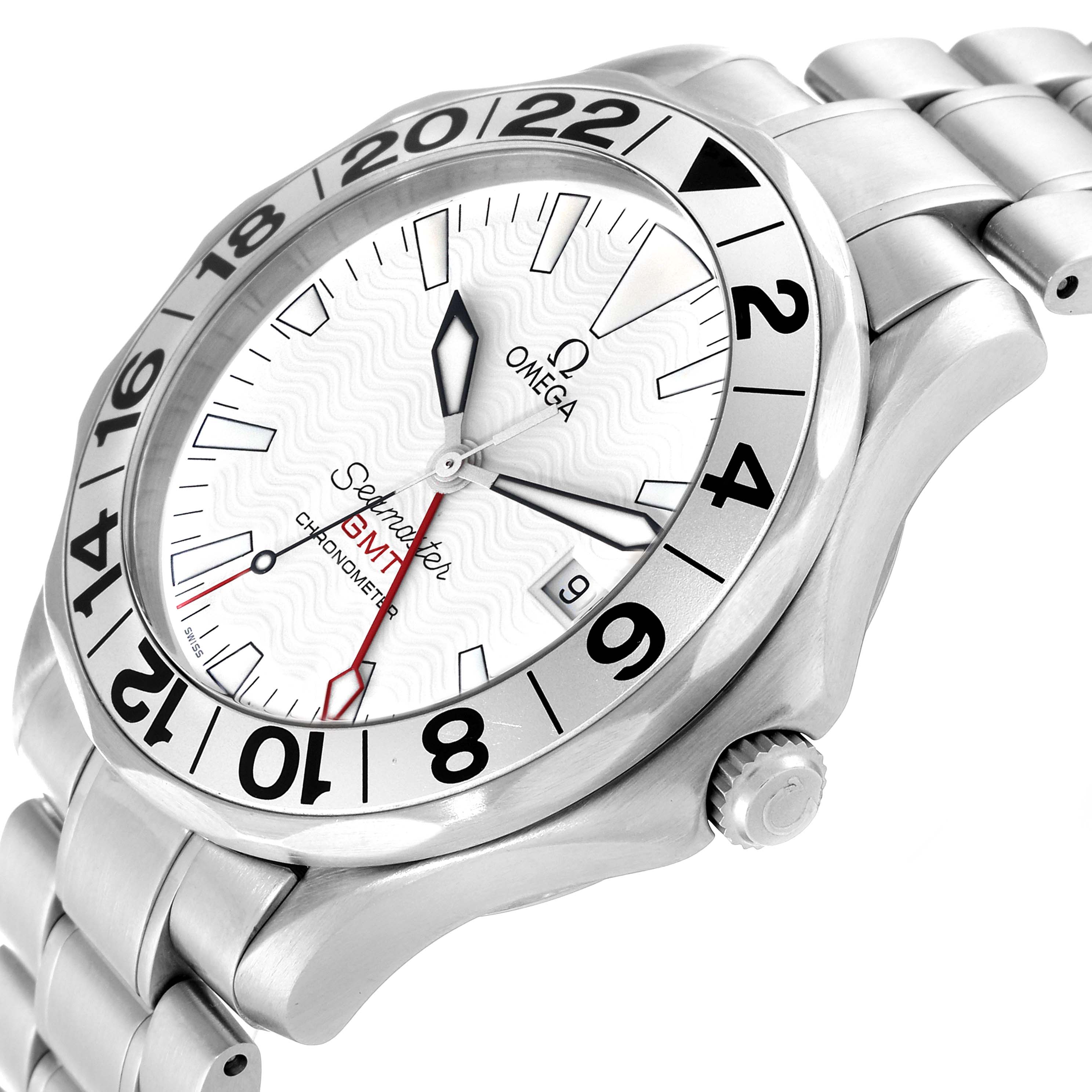 The Omega Seamaster 2538.20.00 Men
s Stainless Steel White Dial 2538.20.00 Men
s Stainless Steel White Dial watch is shown from an angled, close-up view, highlighting the face, bezel, and part of the bracelet.