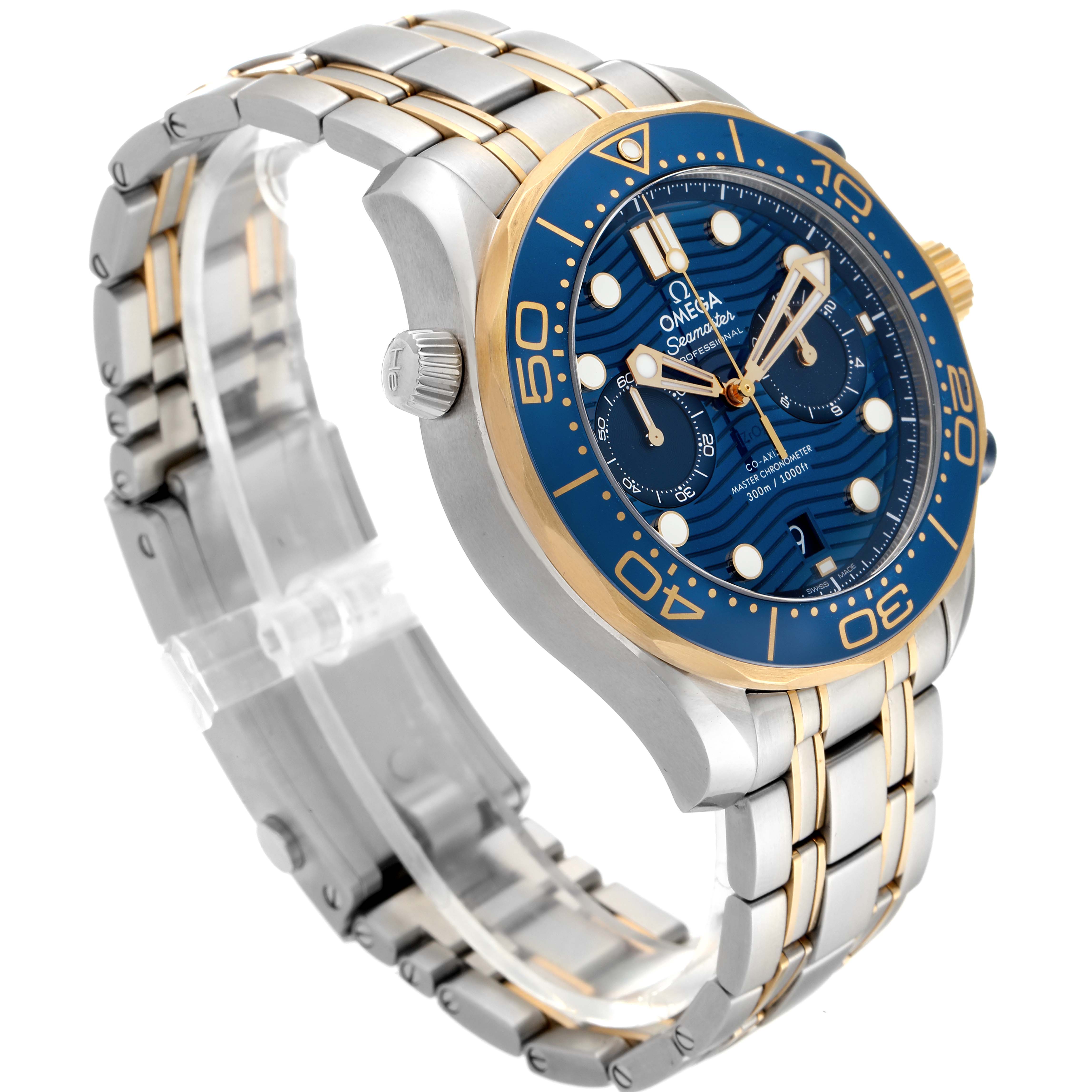 The image shows an angled view of an Omega Seamaster 210.20.44.51.03.001 Men
s Steel and Gold (two tone) Blue Dial 210.20.44.51.03.001 Men
s Steel and Gold (two tone) Blue Dial watch, highlighting its blue dial, bezel, and two-tone bracelet.