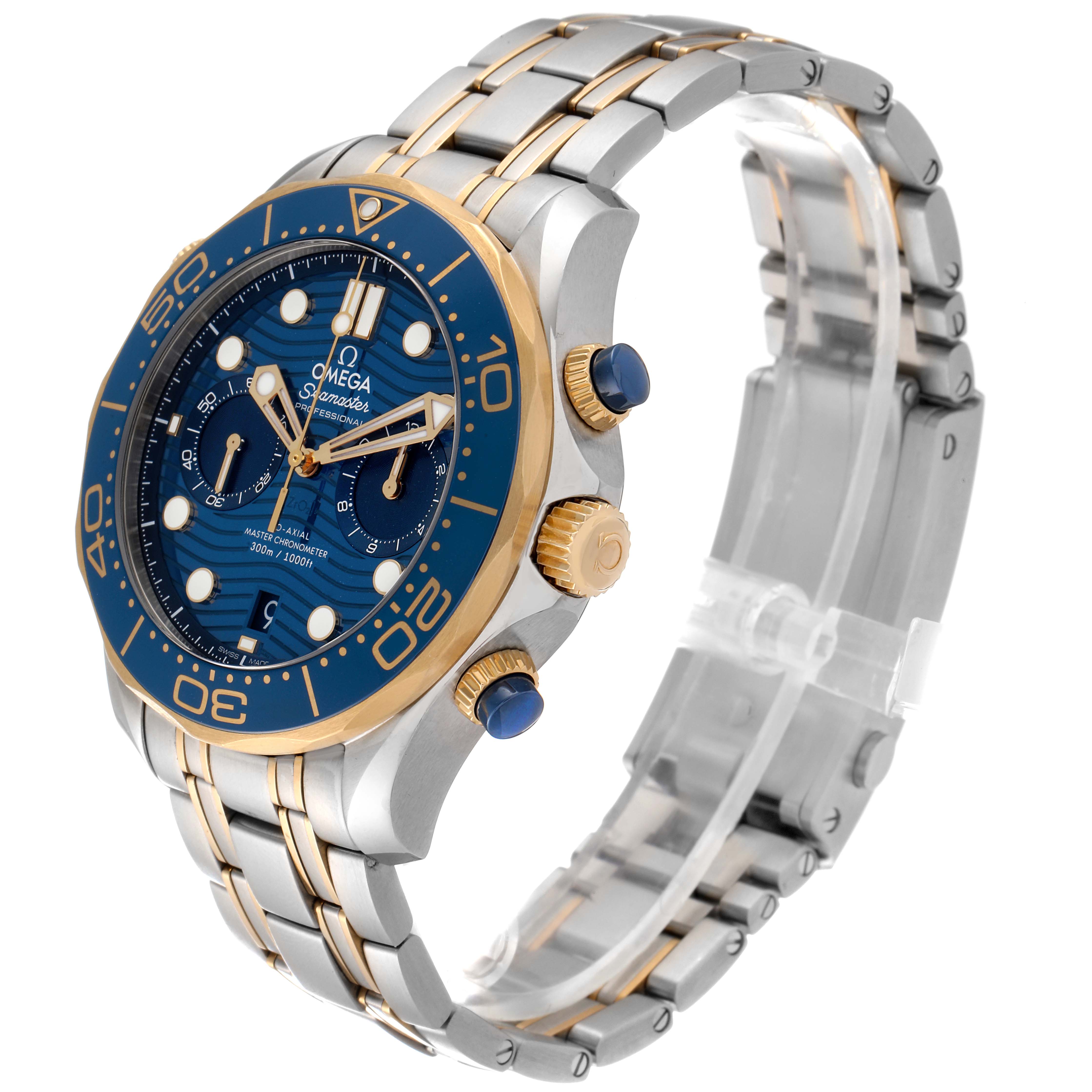 The image shows a side-angle view of an Omega Seamaster 210.20.44.51.03.001 Men
s Steel and Gold (two tone) Blue Dial 210.20.44.51.03.001 Men
s Steel and Gold (two tone) Blue Dial watch, highlighting its dial, bezel, crown, and bracelet.