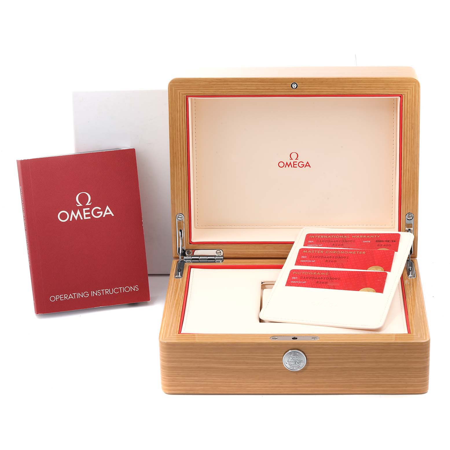 This image shows an open Omega Seamaster 210.20.44.51.03.001 Men
s Steel and Gold (two tone) Blue Dial 210.20.44.51.03.001 Men
s Steel and Gold (two tone) Blue Dial watch box with operating instructions and warranty cards.