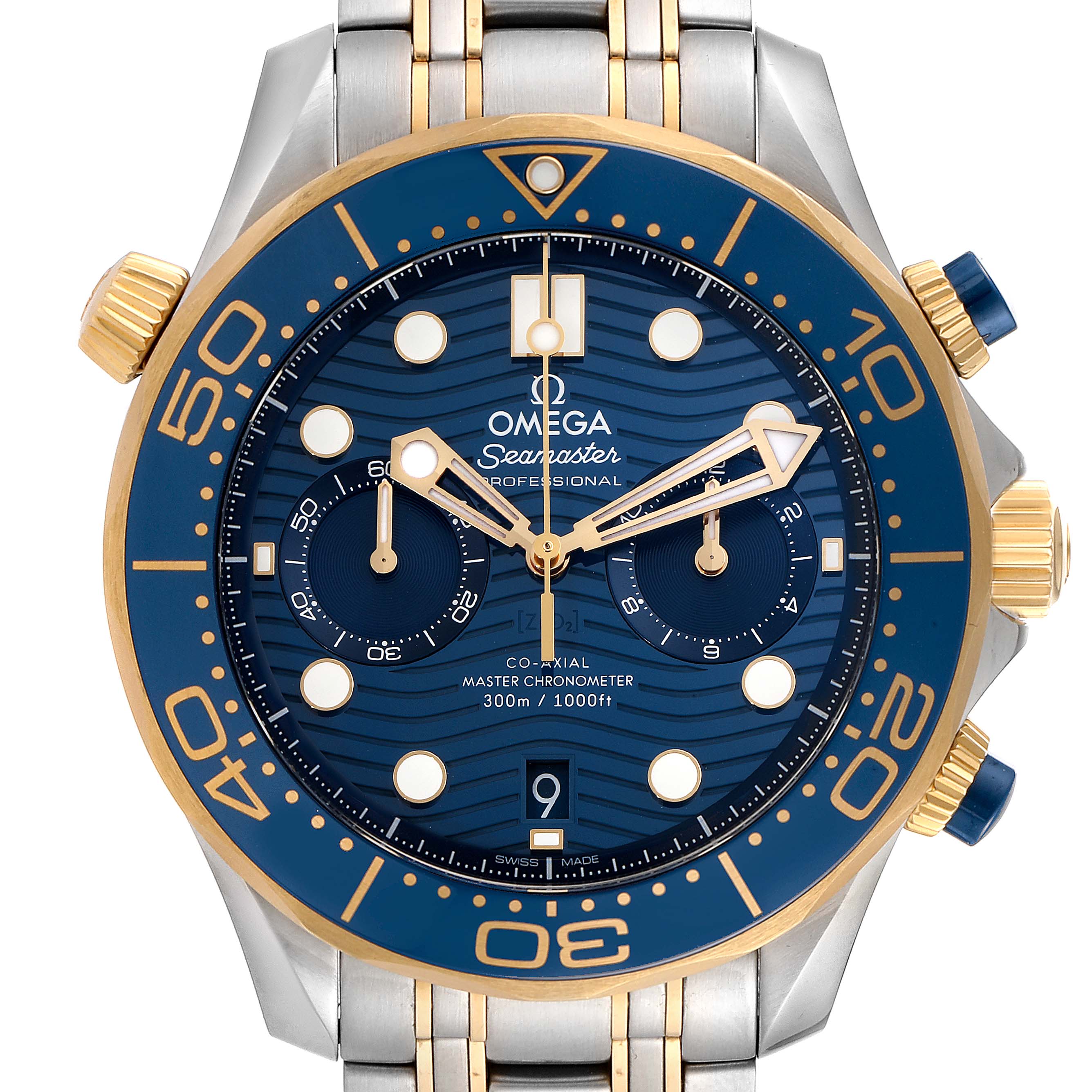 The image shows a front view of an Omega Seamaster 210.20.44.51.03.001 Men
s Steel and Gold (two tone) Blue Dial 210.20.44.51.03.001 Men
s Steel and Gold (two tone) Blue Dial watch, featuring a blue and gold bezel and matching dial with chronograph functions.