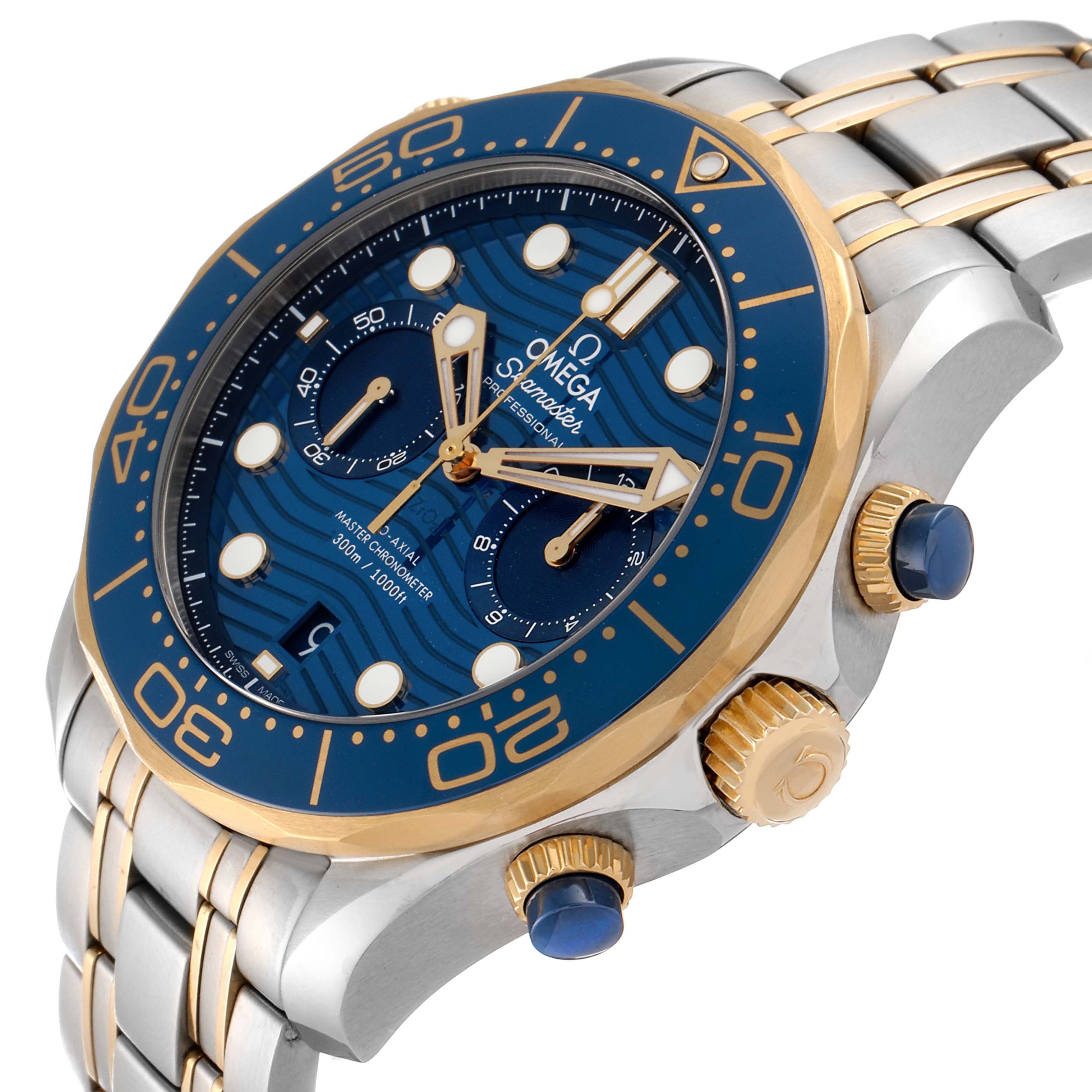 The image shows an angled view of an Omega Seamaster 210.20.44.51.03.001 Men
s Steel and Gold (two tone) Blue Dial 210.20.44.51.03.001 Men
s Steel and Gold (two tone) Blue Dial watch, highlighting the bezel, dial, crown, and part of the bracelet.