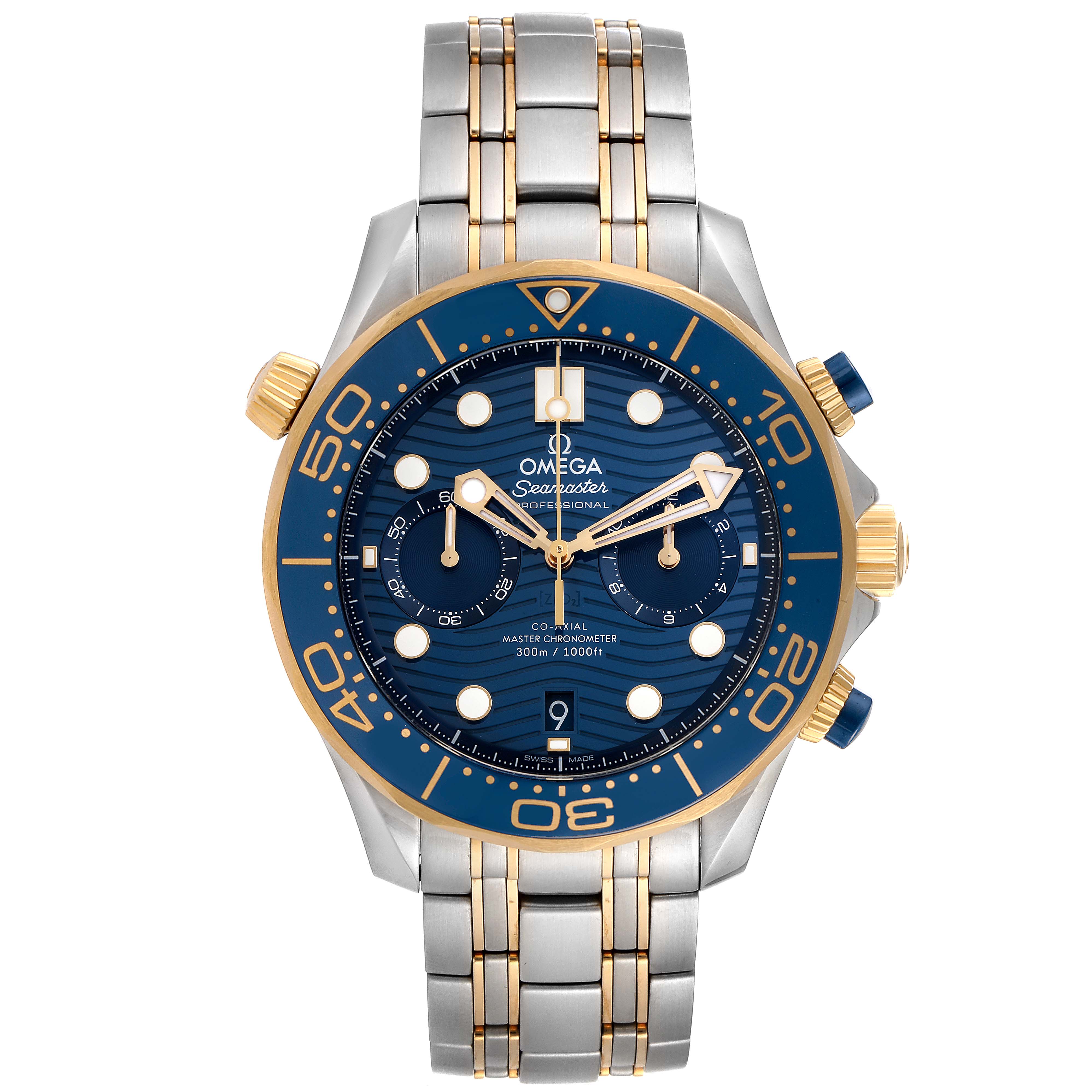 The Omega Seamaster 210.20.44.51.03.001 Men
s Steel and Gold (two tone) Blue Dial 210.20.44.51.03.001 Men
s Steel and Gold (two tone) Blue Dial watch is shown from the front, displaying its face, bezel, crown, and bracelet.