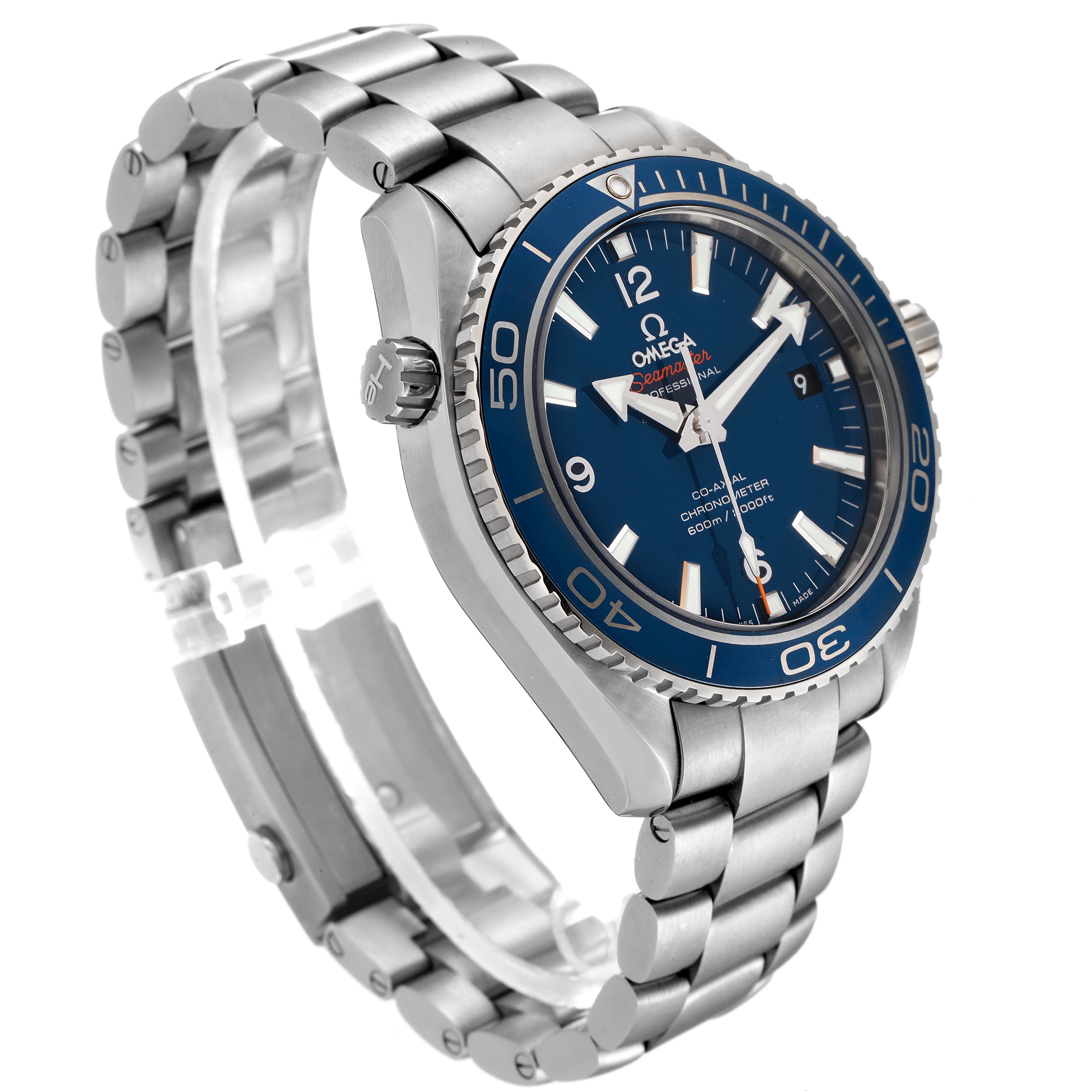 This image shows the Omega Planet Ocean 232.90.42.21.03.001 Men's Titanium Blue Dial 232.90.42.21.03.001 Men's Titanium Blue Dial watch at a three-quarter angle, highlighting the face, bezel, crown, and bracelet.