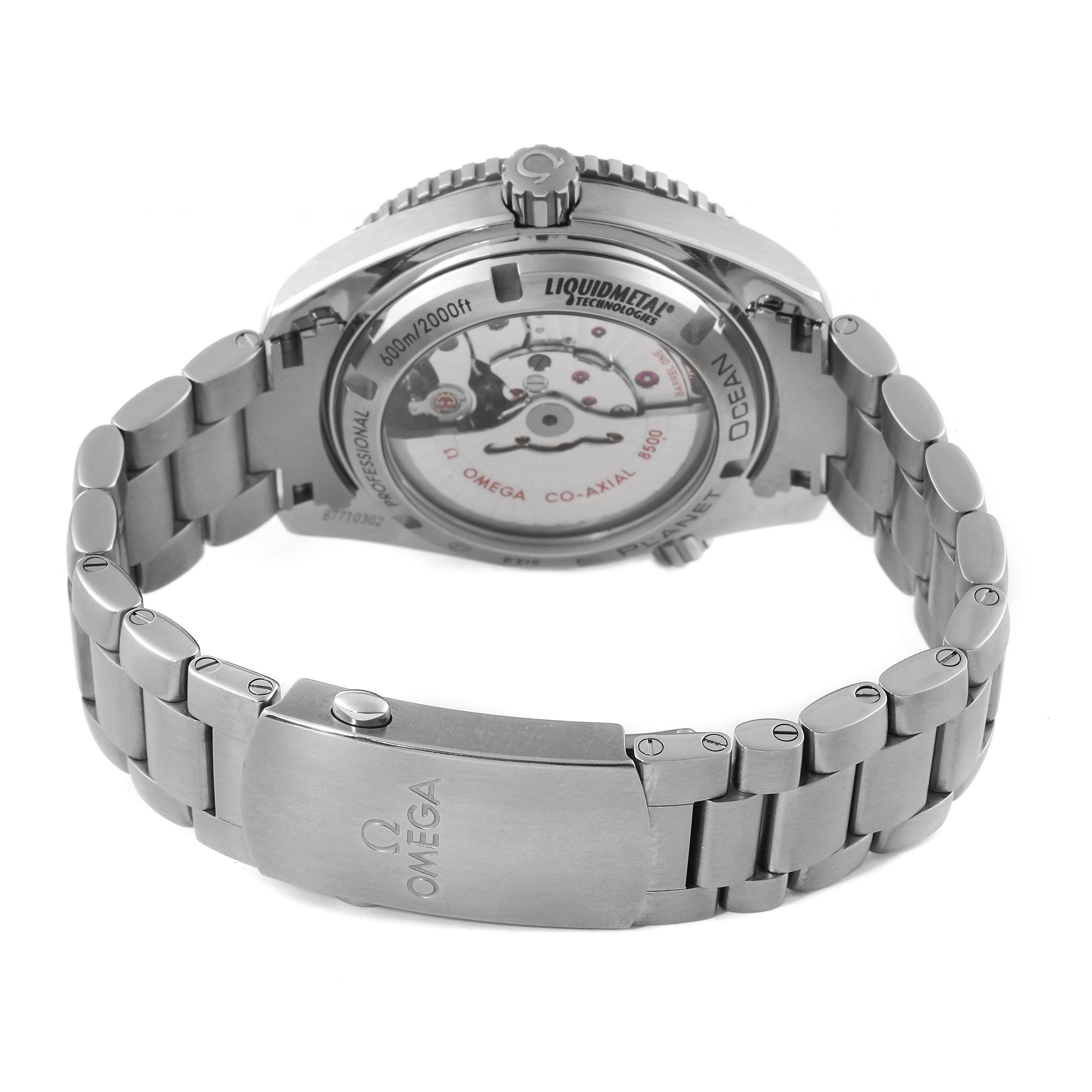 The image shows the back view of the Omega Planet Ocean 232.90.42.21.03.001 Men's Titanium Blue Dial 232.90.42.21.03.001 Men's Titanium Blue Dial watch, displaying its open case, movement, and bracelet clasp.