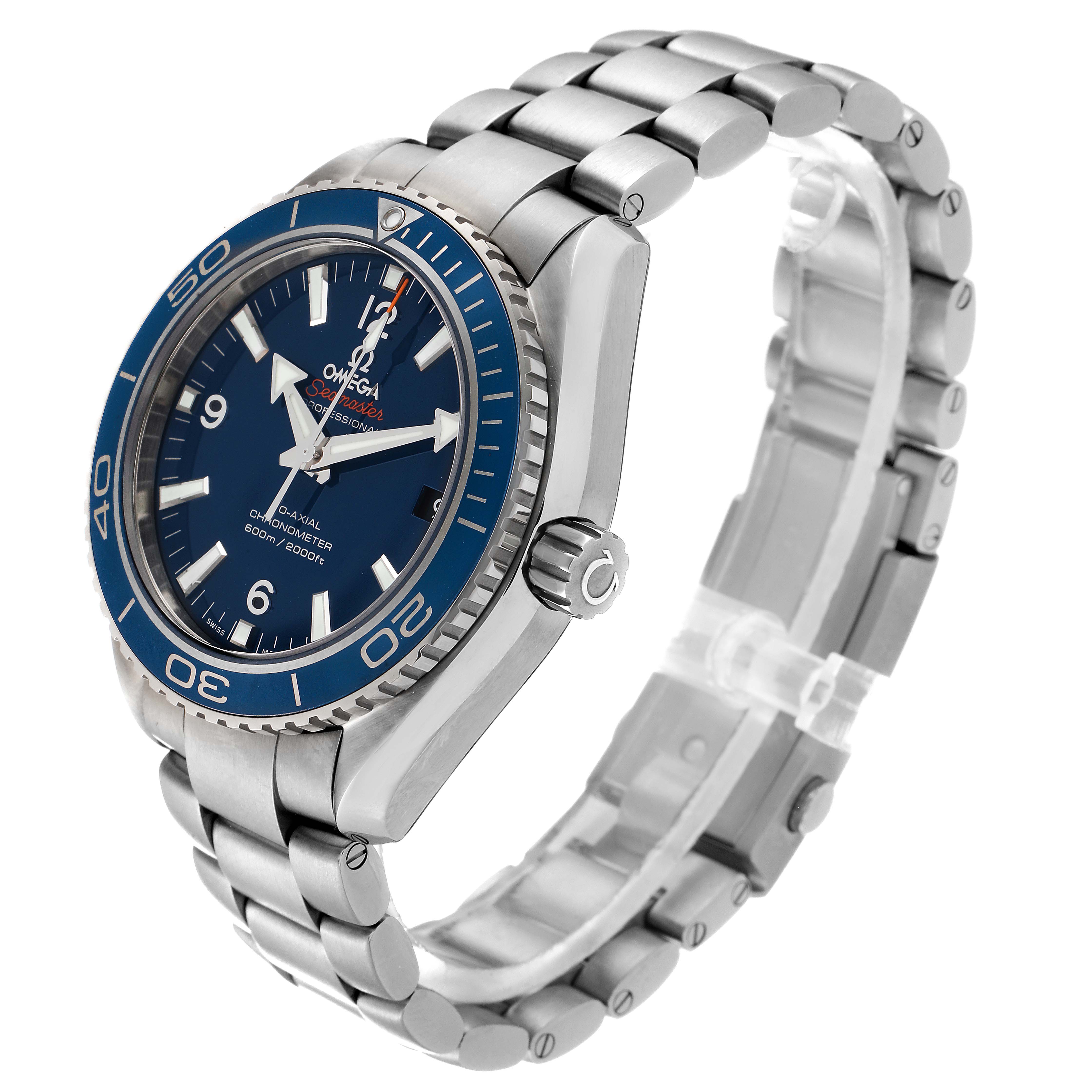 The image shows a side and front angle of the Omega Planet Ocean 232.90.42.21.03.001 Men's Titanium Blue Dial 232.90.42.21.03.001 Men's Titanium Blue Dial watch, highlighting the bezel, dial, and metal bracelet.