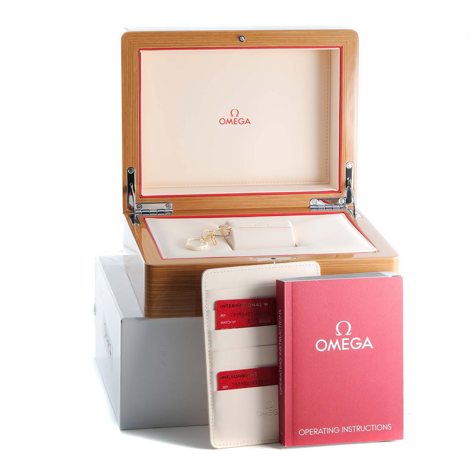 The image shows the Omega Planet Ocean 232.90.42.21.03.001 Men's Titanium Blue Dial 232.90.42.21.03.001 Men's Titanium Blue Dial watch box, operating instructions booklet, and warranty cards holder.