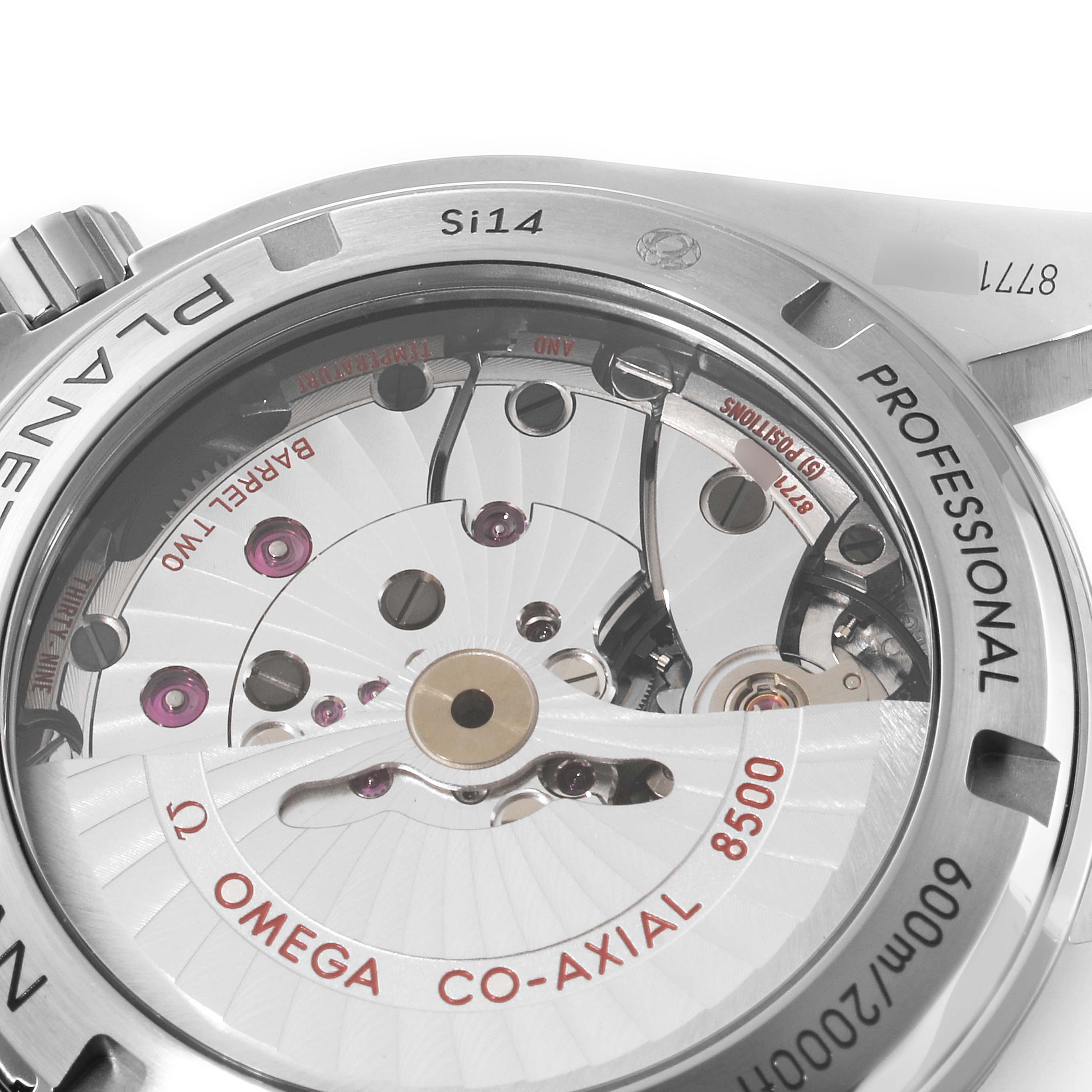 This image shows the back view of an Omega Planet Ocean 232.90.42.21.03.001 Men's Titanium Blue Dial 232.90.42.21.03.001 Men's Titanium Blue Dial watch, highlighting the co-axial movement and internal mechanics.