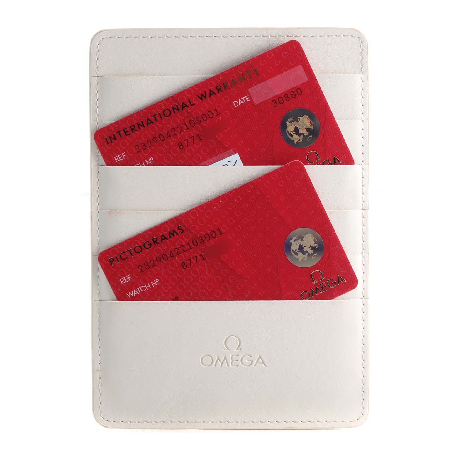 The image shows warranty and pictogram cards for the Omega Planet Ocean 232.90.42.21.03.001 Men's Titanium Blue Dial 232.90.42.21.03.001 Men's Titanium Blue Dial model, held in a white Omega cardholder.