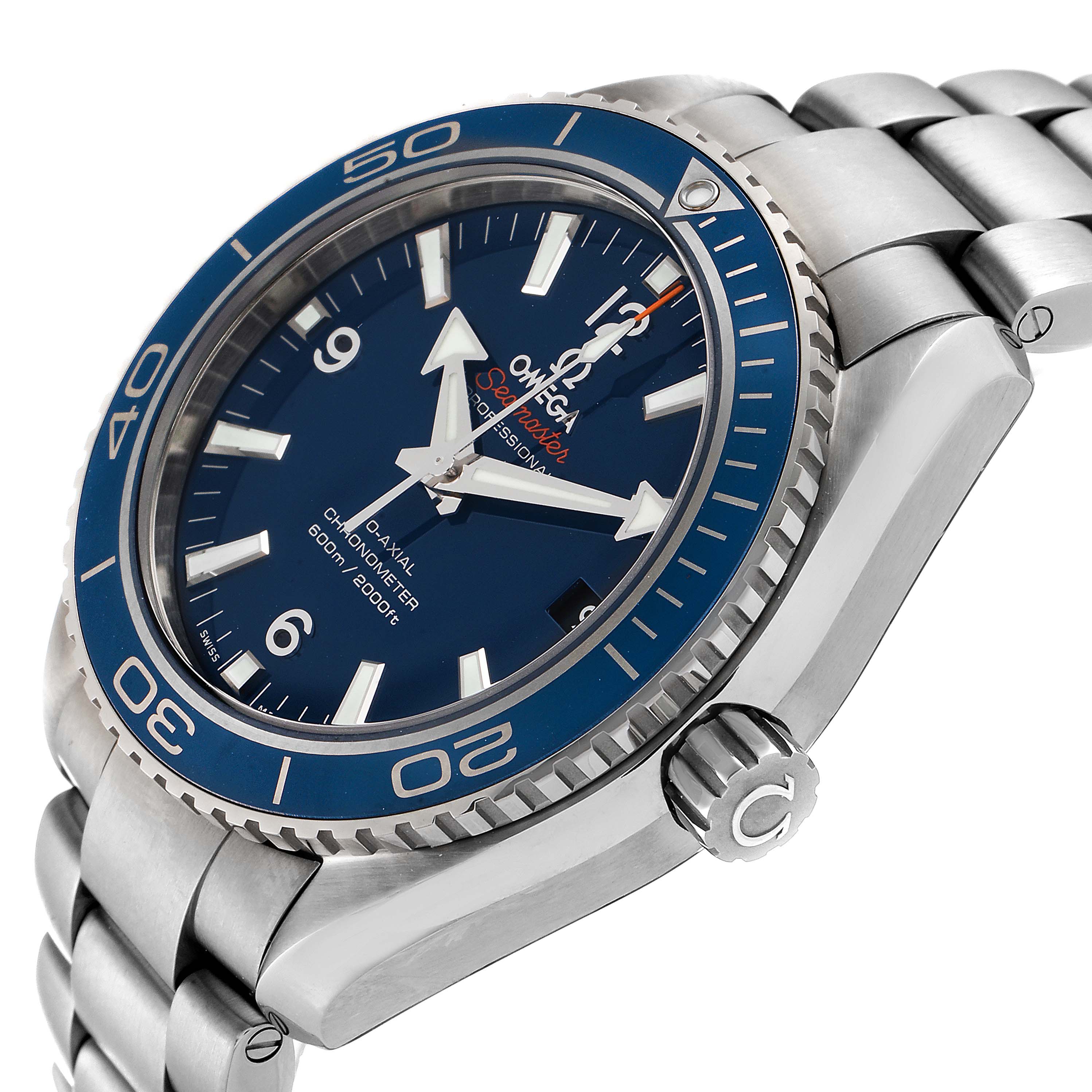 The image shows a side angle of the Omega Planet Ocean 232.90.42.21.03.001 Men's Titanium Blue Dial 232.90.42.21.03.001 Men's Titanium Blue Dial watch, highlighting the bezel, crown, and metal bracelet.