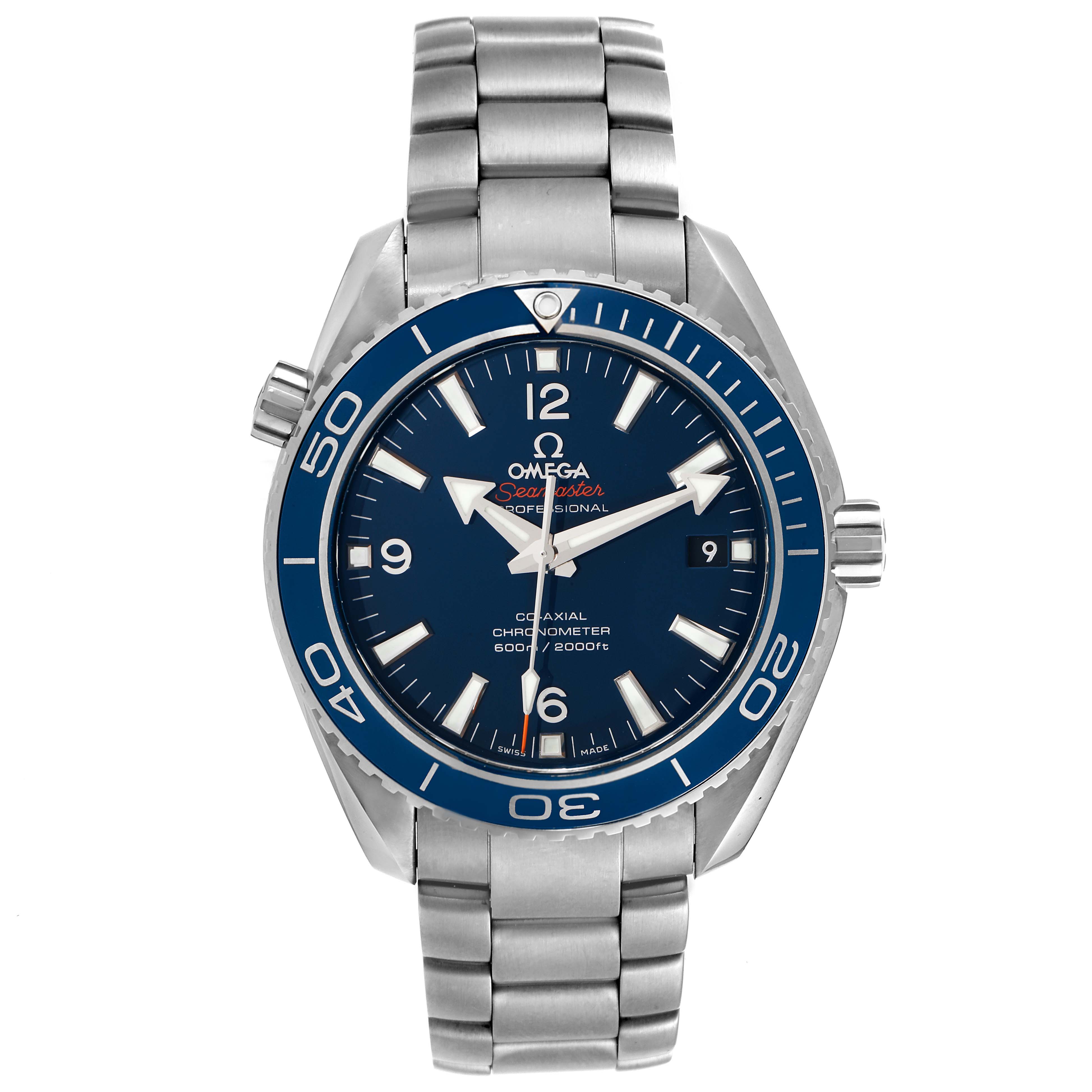 The image shows a front view of the Omega Planet Ocean 232.90.42.21.03.001 Men's Titanium Blue Dial 232.90.42.21.03.001 Men's Titanium Blue Dial watch, highlighting the face, bezel, and metal bracelet.