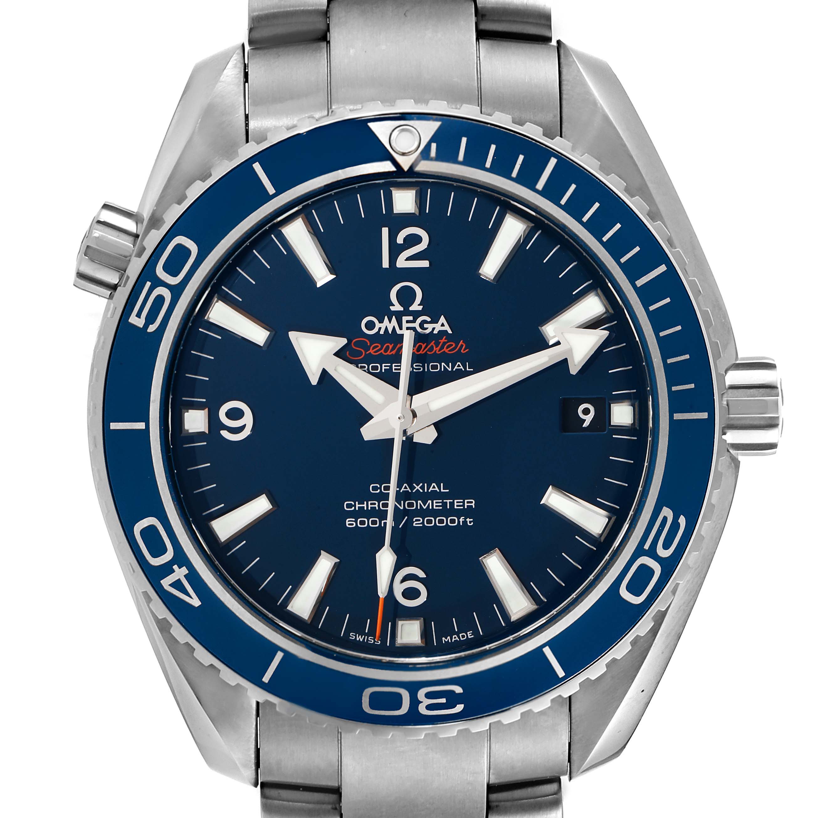 The image shows the front view of an Omega Planet Ocean 232.90.42.21.03.001 Men's Titanium Blue Dial 232.90.42.21.03.001 Men's Titanium Blue Dial model watch, displaying its face, bezel, and part of the bracelet.