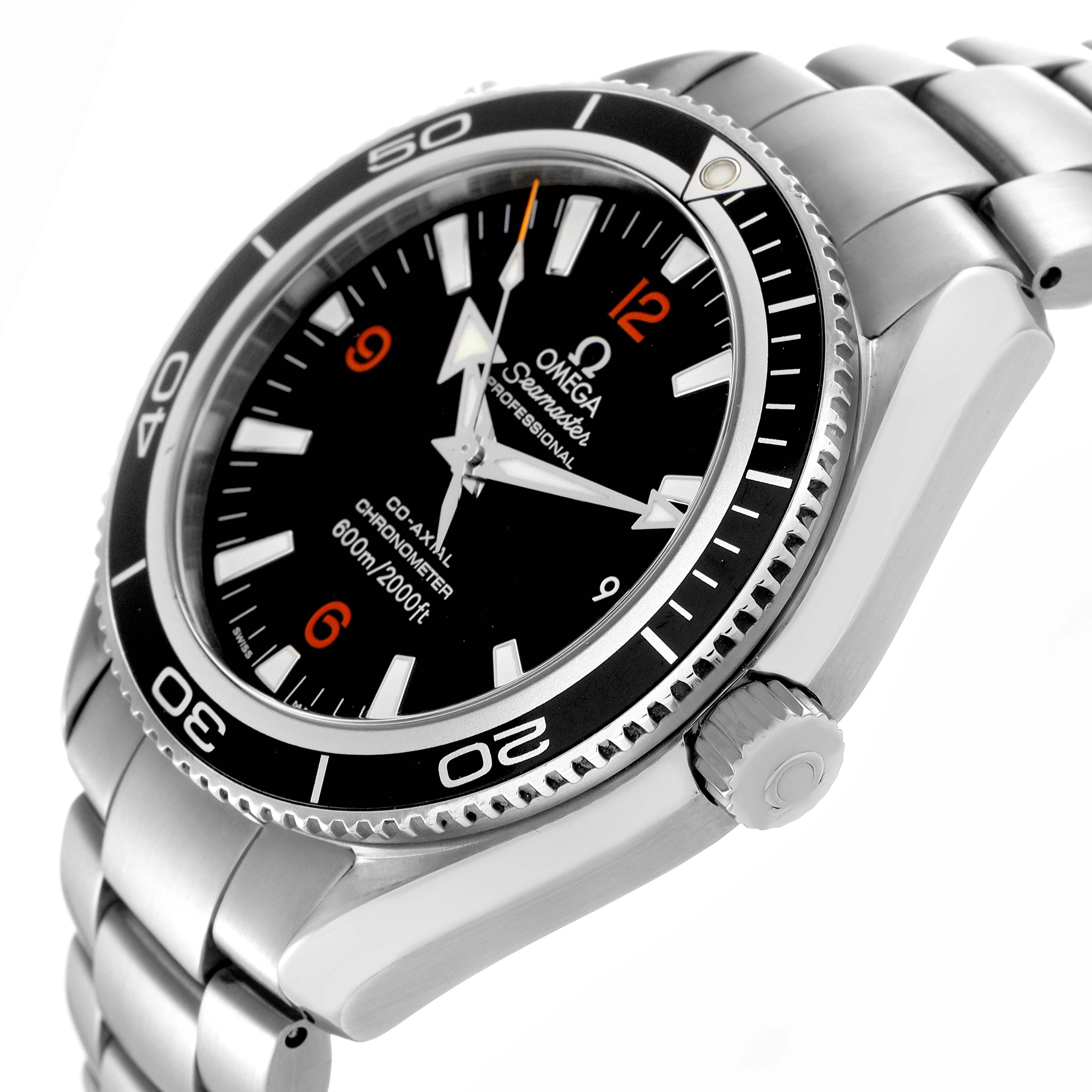The Omega Planet Ocean 2201.51.00 Men's Stainless Steel Black Dial 2201.51.00 Men's Stainless Steel Black Dial watch is shown at a three-quarter angle, highlighting the face, bezel, crown, and bracelet.