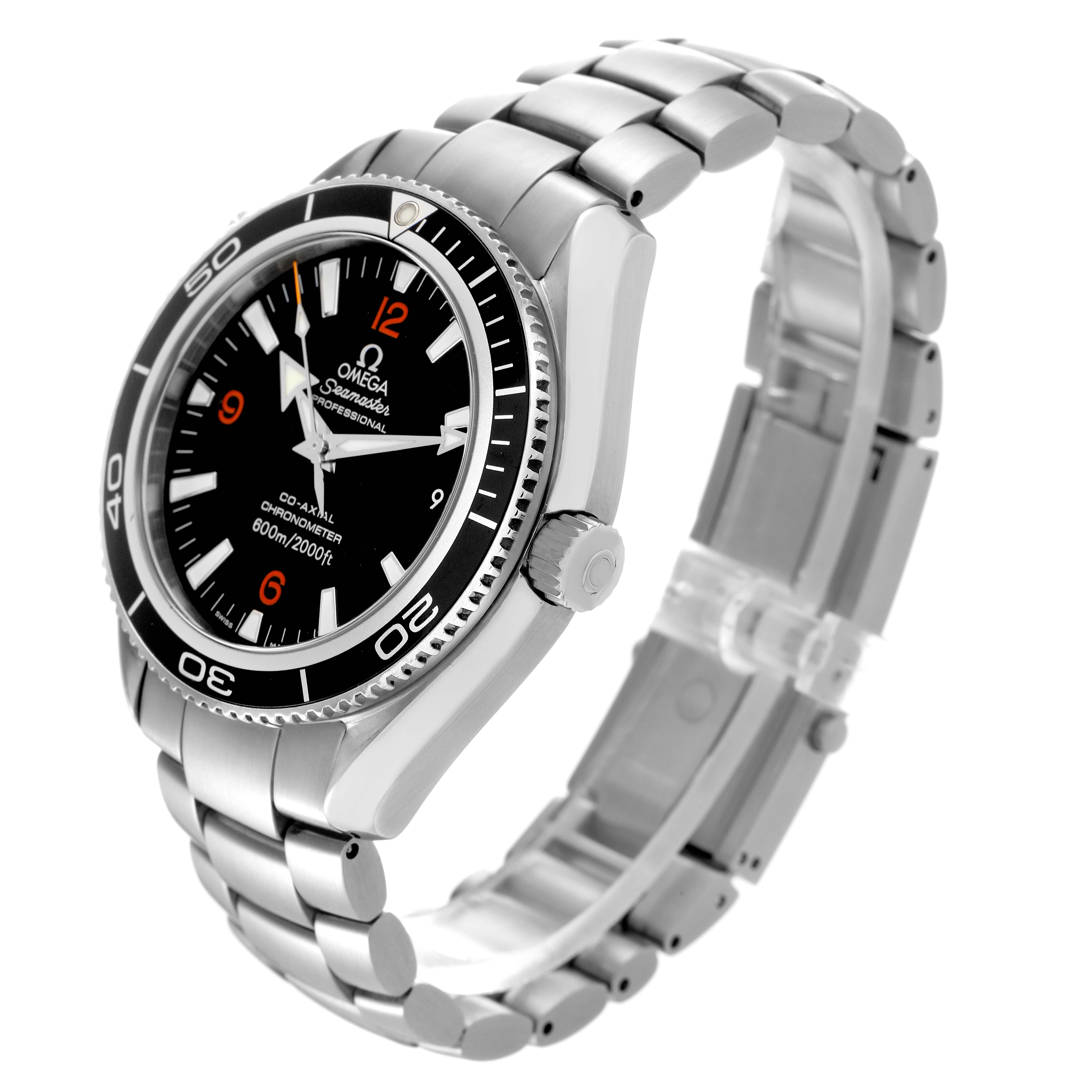 The Omega Planet Ocean 2201.51.00 Men's Stainless Steel Black Dial 2201.51.00 Men's Stainless Steel Black Dial watch is shown from a side angle, highlighting the case, bezel, dial, crown, and bracelet.
