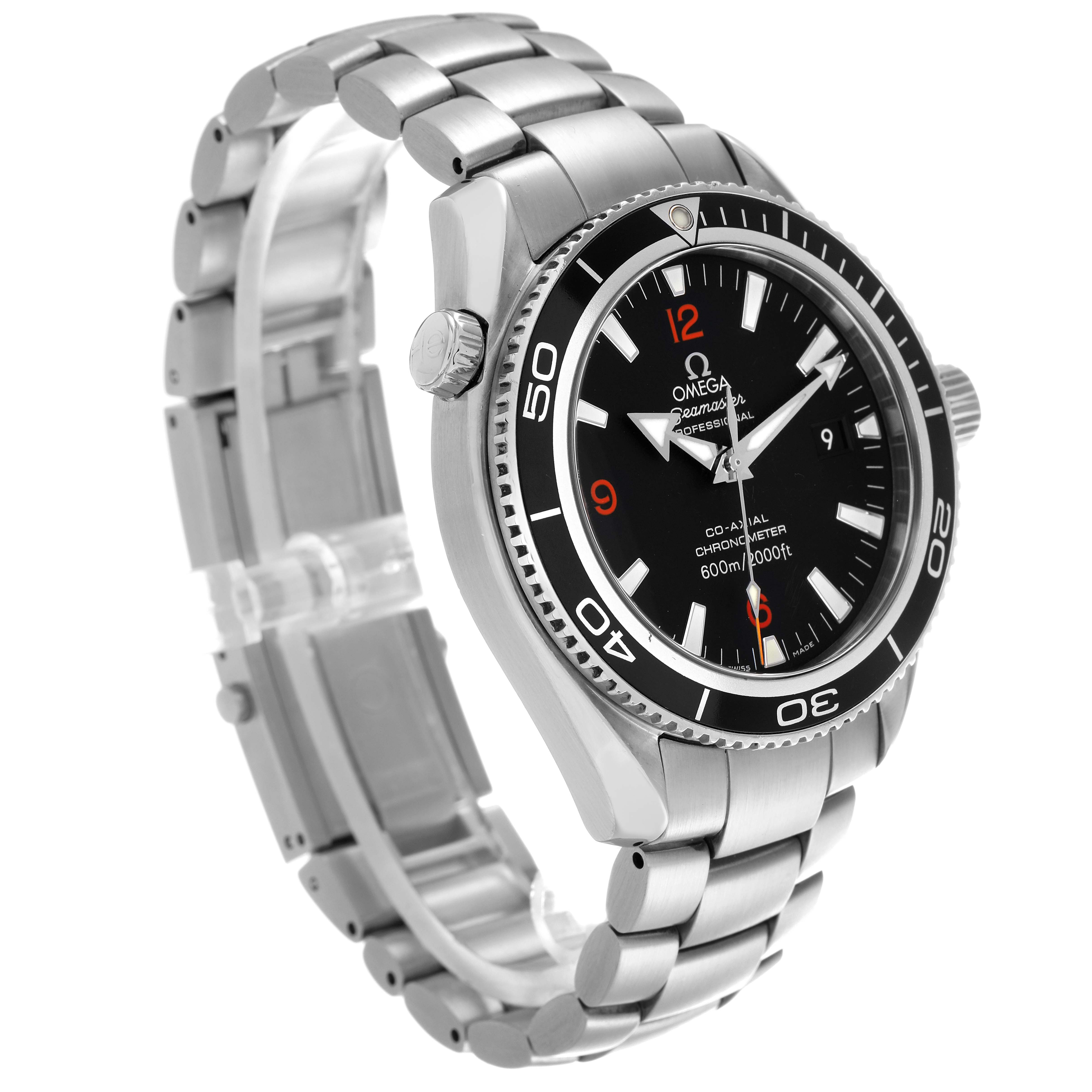 The Omega Planet Ocean 2201.51.00 Men's Stainless Steel Black Dial 2201.51.00 Men's Stainless Steel Black Dial watch is shown at a three-quarter angle, highlighting the bezel, crown, dial, and bracelet.