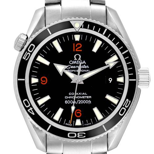 The Omega Planet Ocean watch is shown from the front, displaying the dial, bezel, and crown.