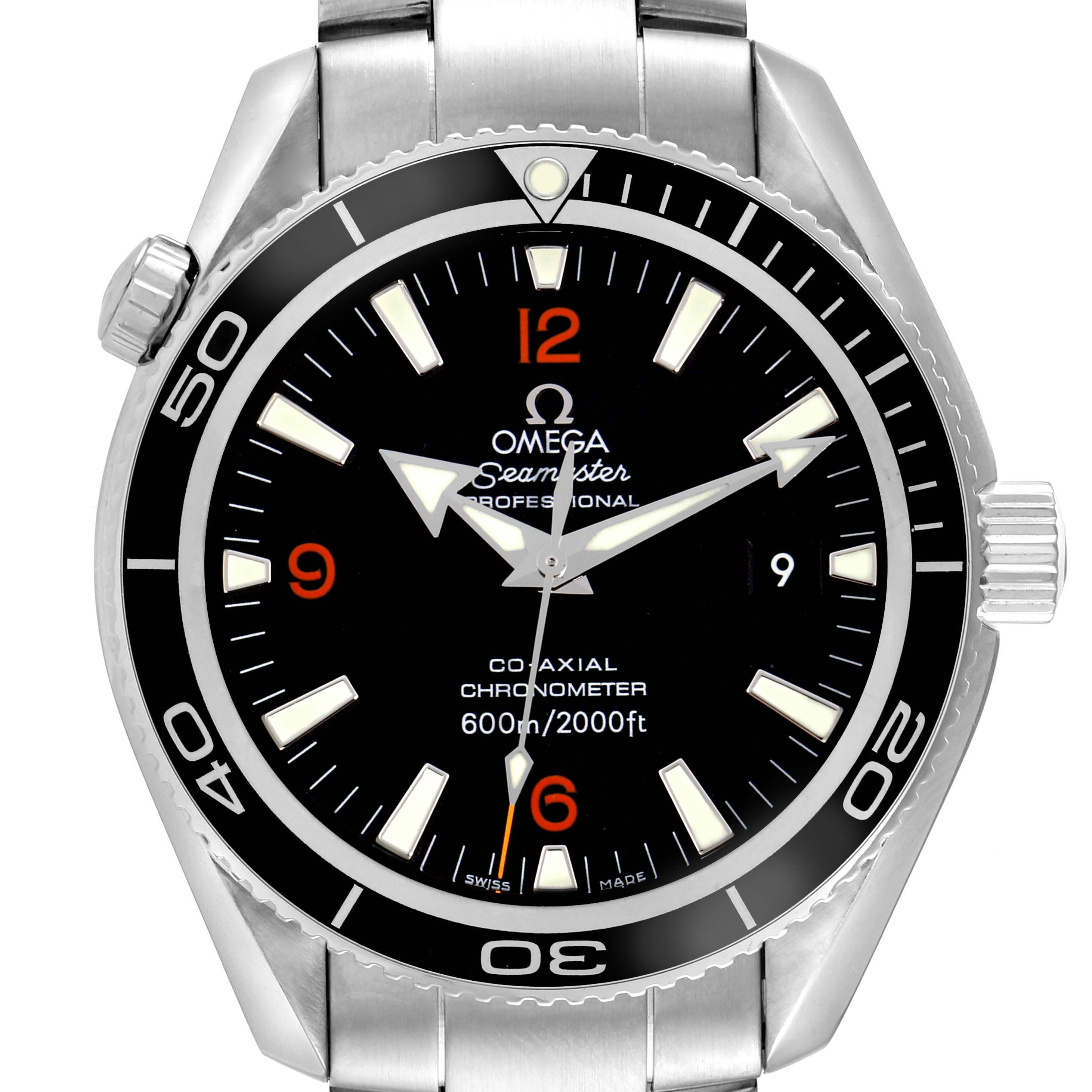 The Omega Planet Ocean 2201.51.00 Men's Stainless Steel Black Dial 2201.51.00 Men's Stainless Steel Black Dial watch is shown from a front angle, highlighting the dial, bezel, crown, and part of the bracelet.