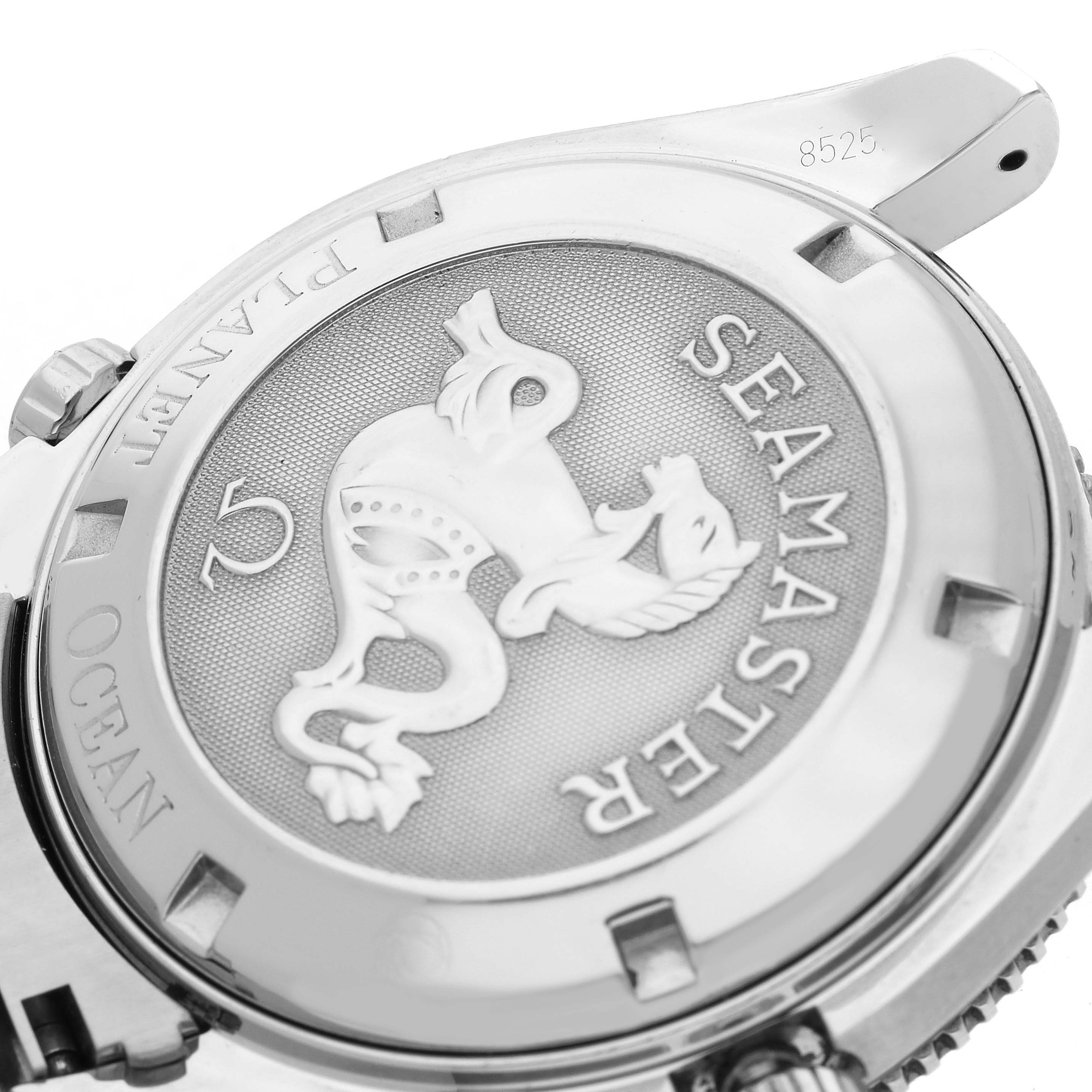 The image shows the case back of the Omega Planet Ocean 2201.51.00 Men's Stainless Steel Black Dial 2201.51.00 Men's Stainless Steel Black Dial, featuring the Seamaster logo and engraved details.