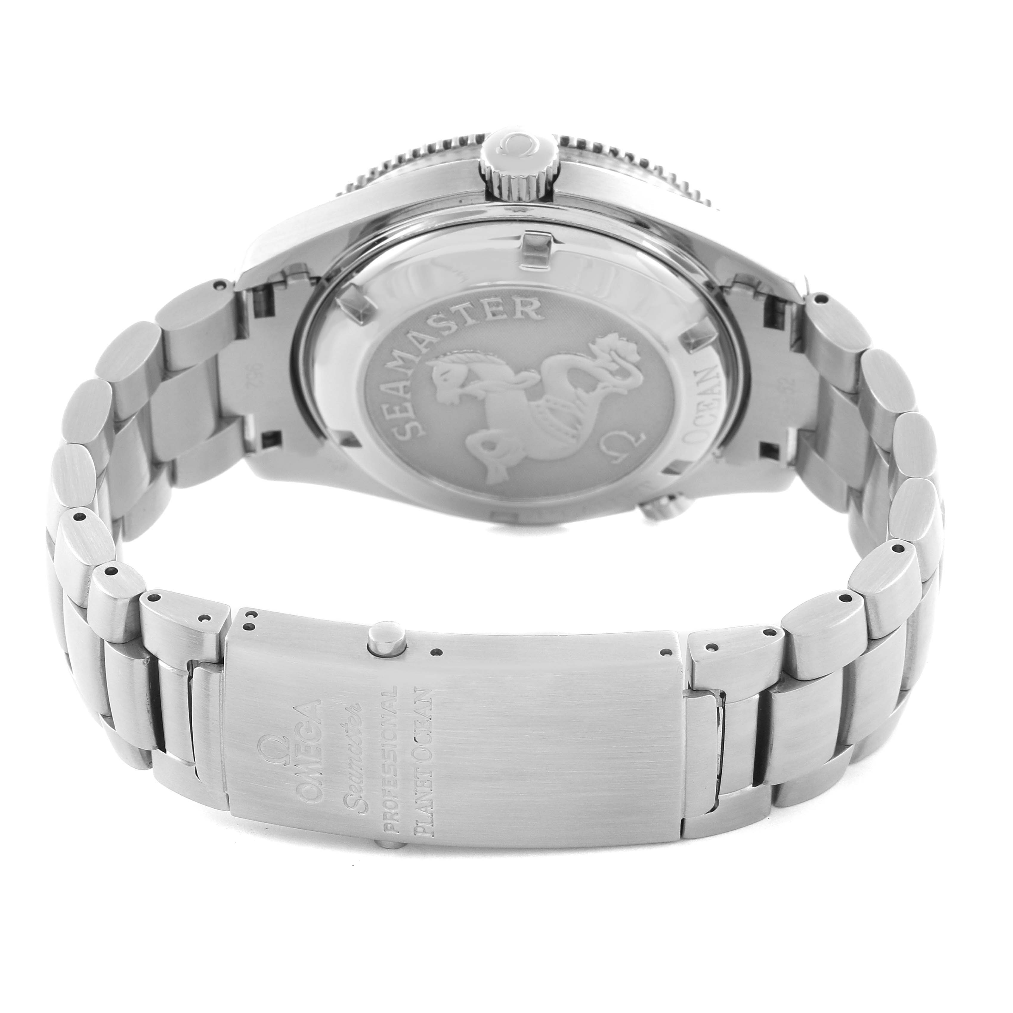 The image shows the back of the Omega Planet Ocean 2201.51.00 Men's Stainless Steel Black Dial 2201.51.00 Men's Stainless Steel Black Dial watch, displaying its case back and bracelet clasp.