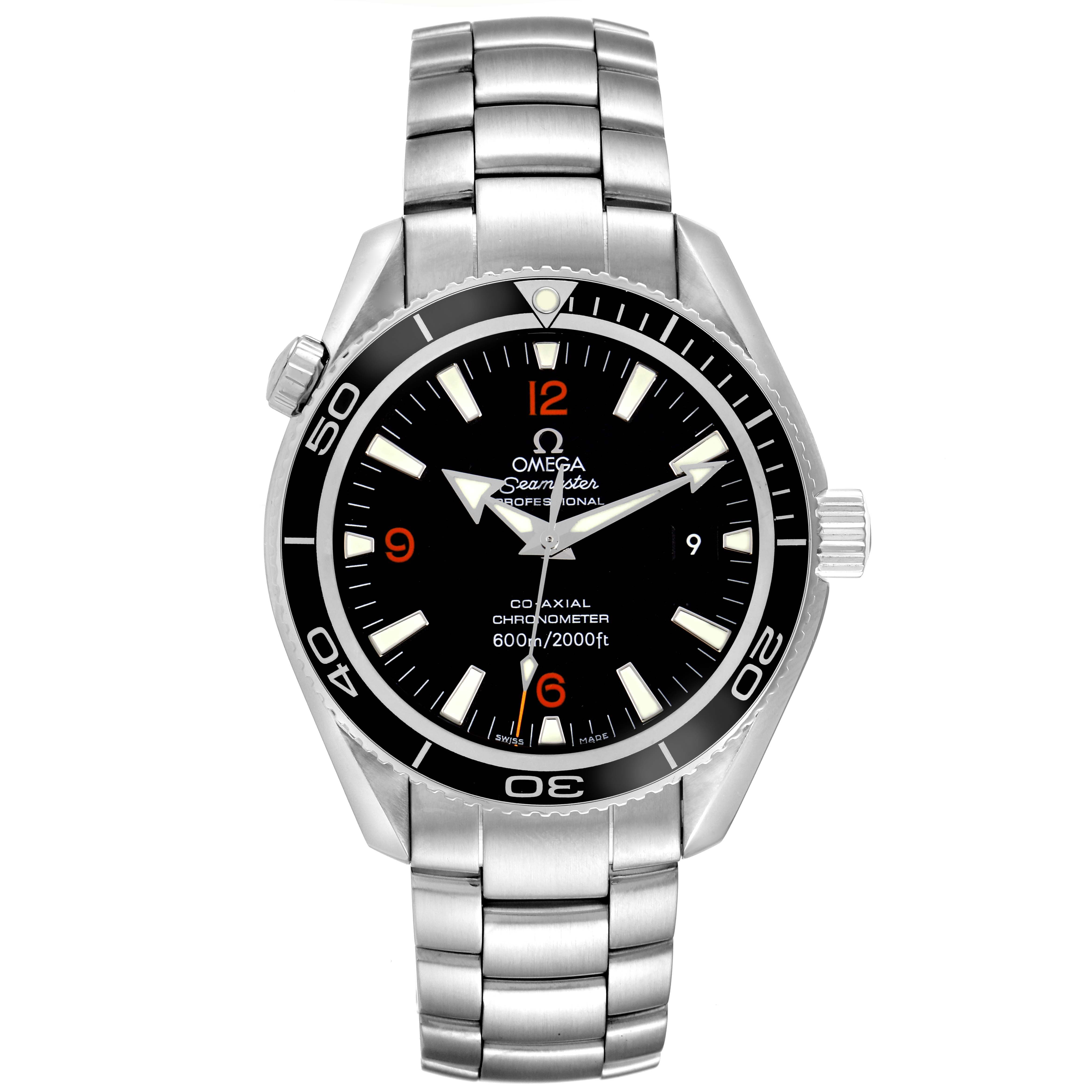 The Omega Planet Ocean 2201.51.00 Men's Stainless Steel Black Dial 2201.51.00 Men's Stainless Steel Black Dial watch is shown in a front view, displaying the face, bezel, and bracelet.