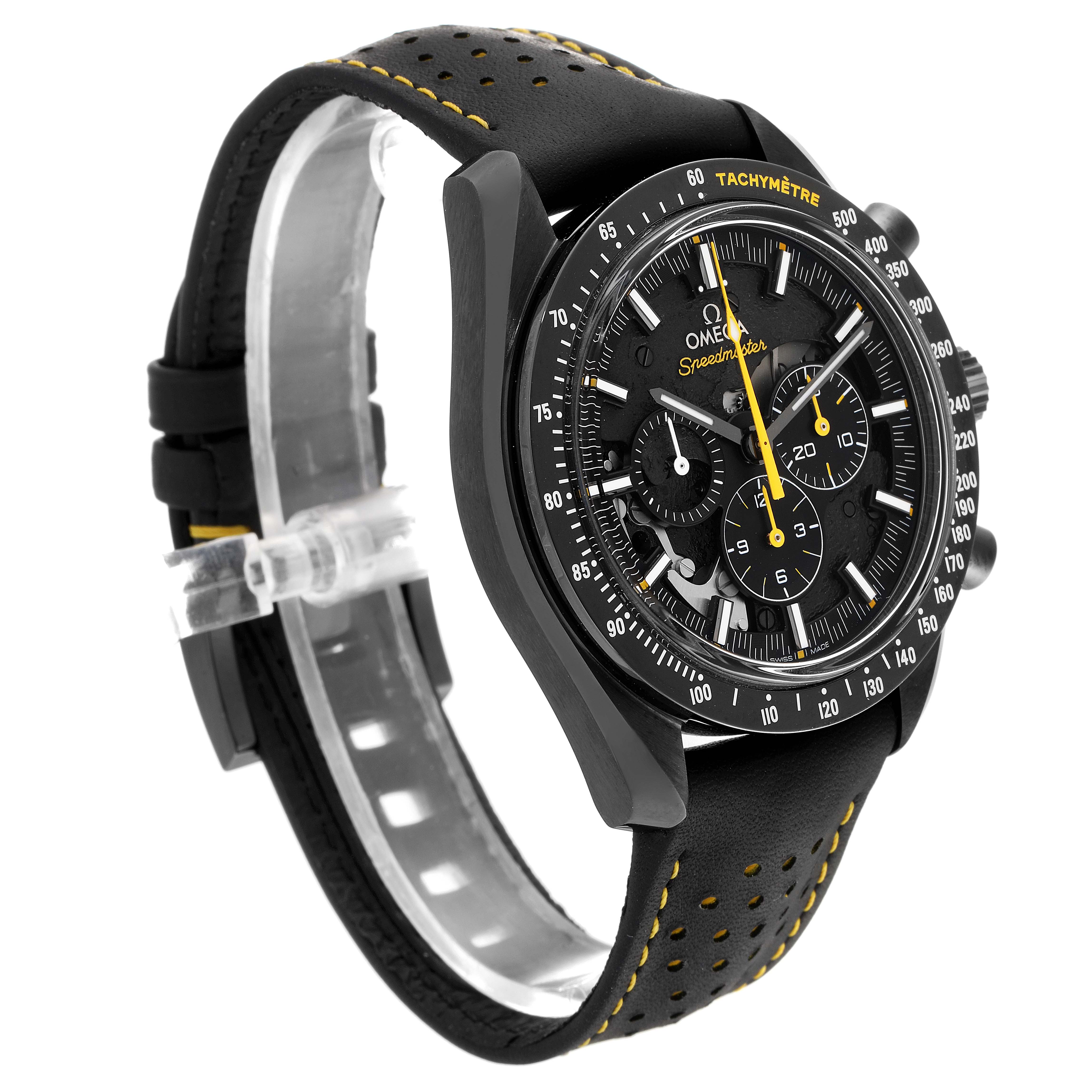 The image shows an angled side view of the Omega Speedmaster 311.92.44.30.01.001 Men's Titanium Black Dial 311.92.44.30.01.001 Men's Titanium Black Dial watch, highlighting its face, bezel, and part of the leather strap.