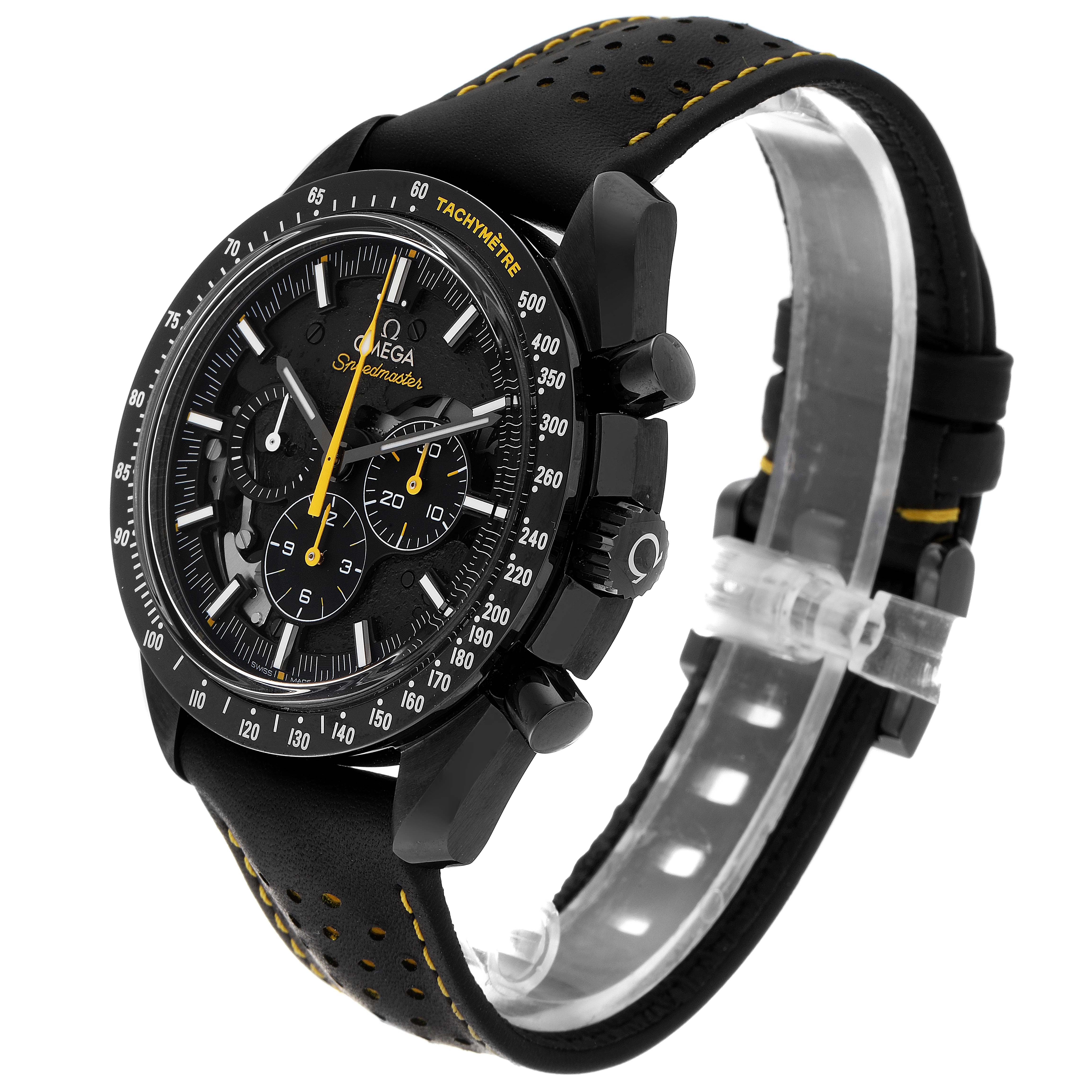 This Omega Speedmaster 311.92.44.30.01.001 Men's Titanium Black Dial 311.92.44.30.01.001 Men's Titanium Black Dial watch is shown at an angle highlighting its face, bezel, chronograph subdials, and perforated strap.