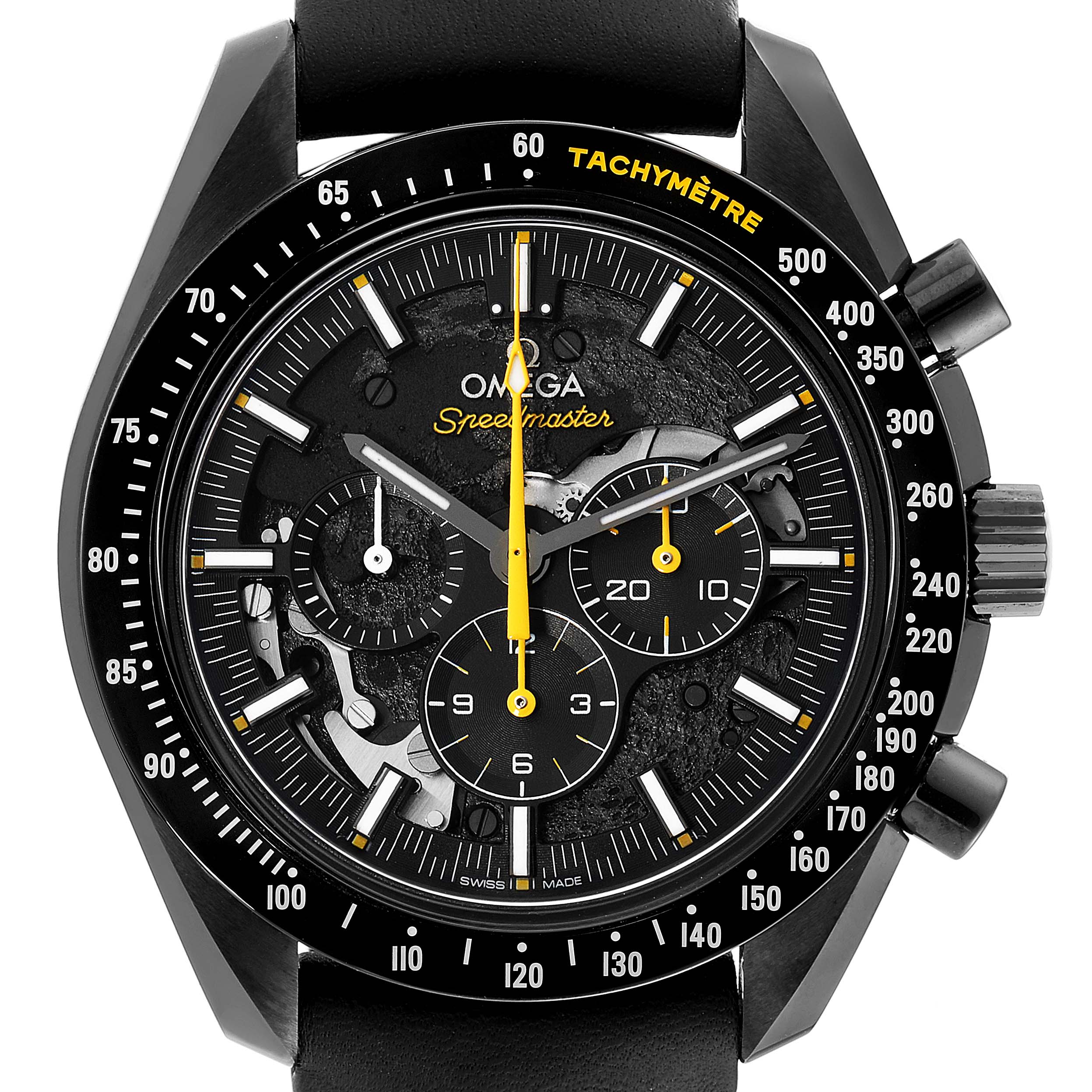 This image shows a front view of an Omega Speedmaster 311.92.44.30.01.001 Men's Titanium Black Dial 311.92.44.30.01.001 Men's Titanium Black Dial watch, featuring its dial, hands, subdials, and tachymeter bezel.