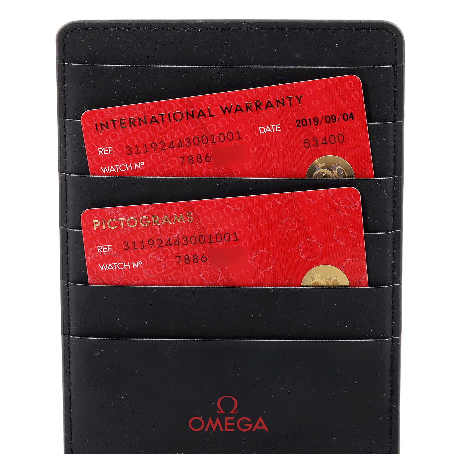The image shows a black Omega card holder with warranty and pictogram cards for the Omega Speedmaster 311.92.44.30.01.001 Men's Titanium Black Dial 311.92.44.30.01.001 Men's Titanium Black Dial watch.
