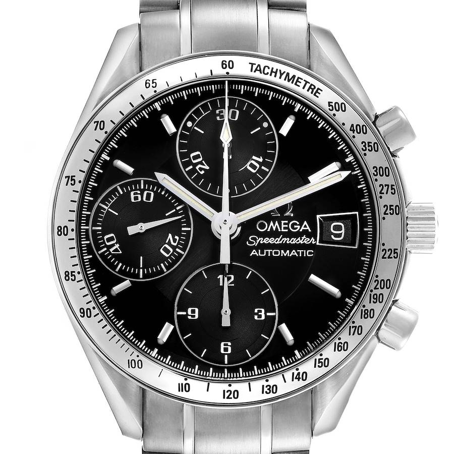 The Omega Speedmaster watch is shown from the front, highlighting the dial, subdials, bezel, and part of the bracelet.
