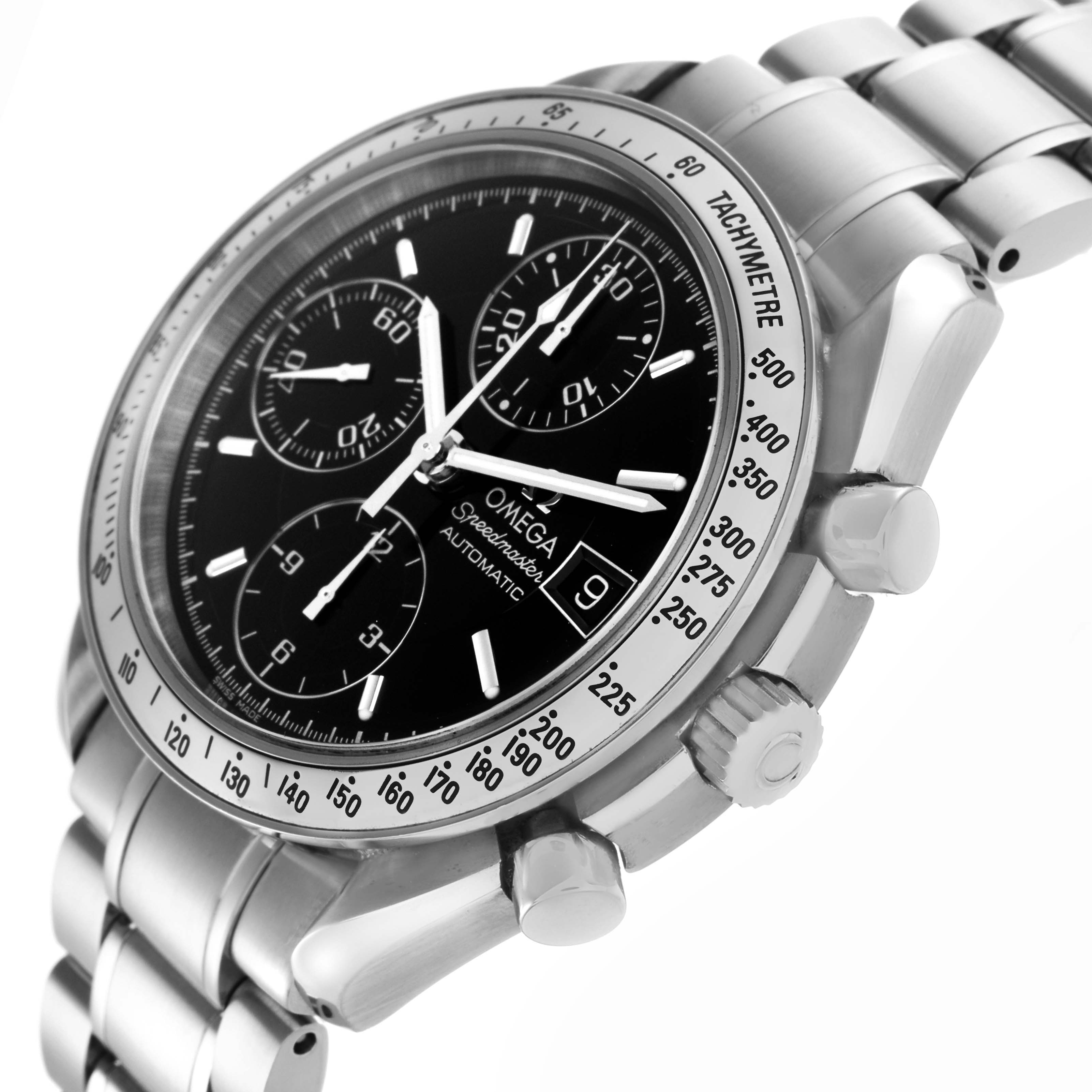 The Omega Speedmaster 3513.50.00 Men's Stainless Steel Black Dial 3513.50.00 Men's Stainless Steel Black Dial is shown at a side angle, highlighting the dial, chronograph subdials, bezel, and bracelet links.