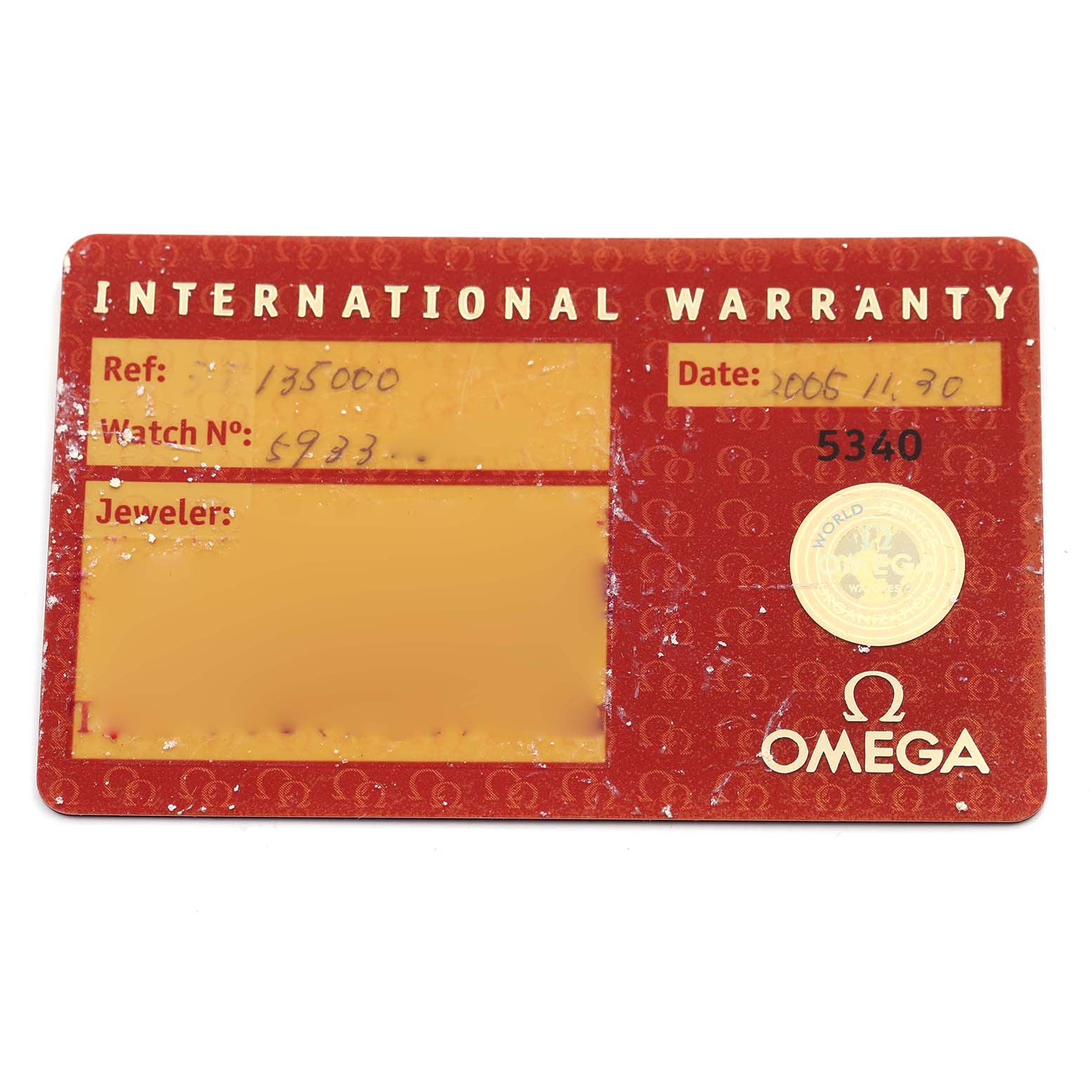 This image shows an international warranty card for an Omega Speedmaster 3513.50.00 Men's Stainless Steel Black Dial 3513.50.00 Men's Stainless Steel Black Dial watch.