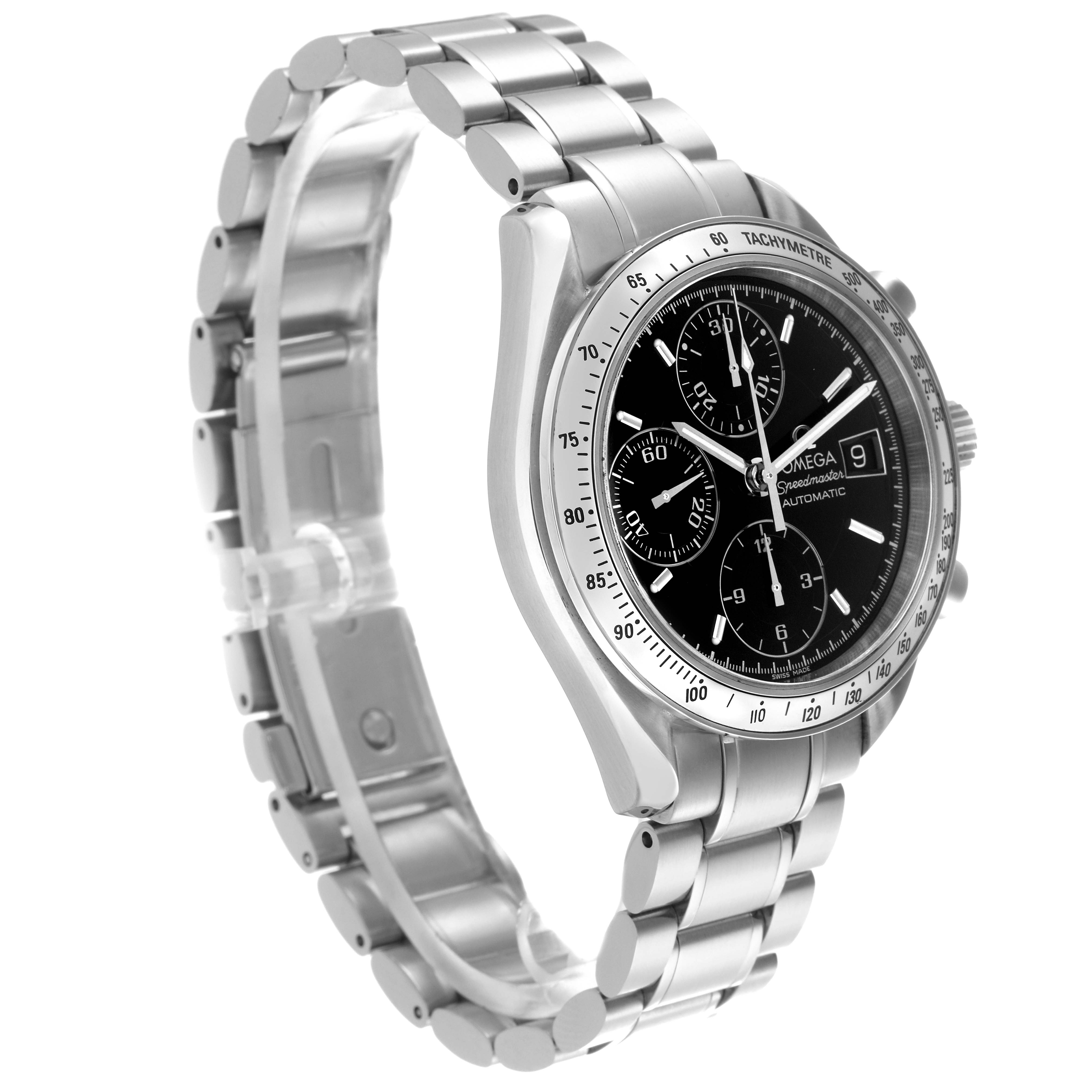The Omega Speedmaster 3513.50.00 Men's Stainless Steel Black Dial 3513.50.00 Men's Stainless Steel Black Dial is shown at a 3/4 angle, highlighting the case, bezel, bracelet, and dial details.