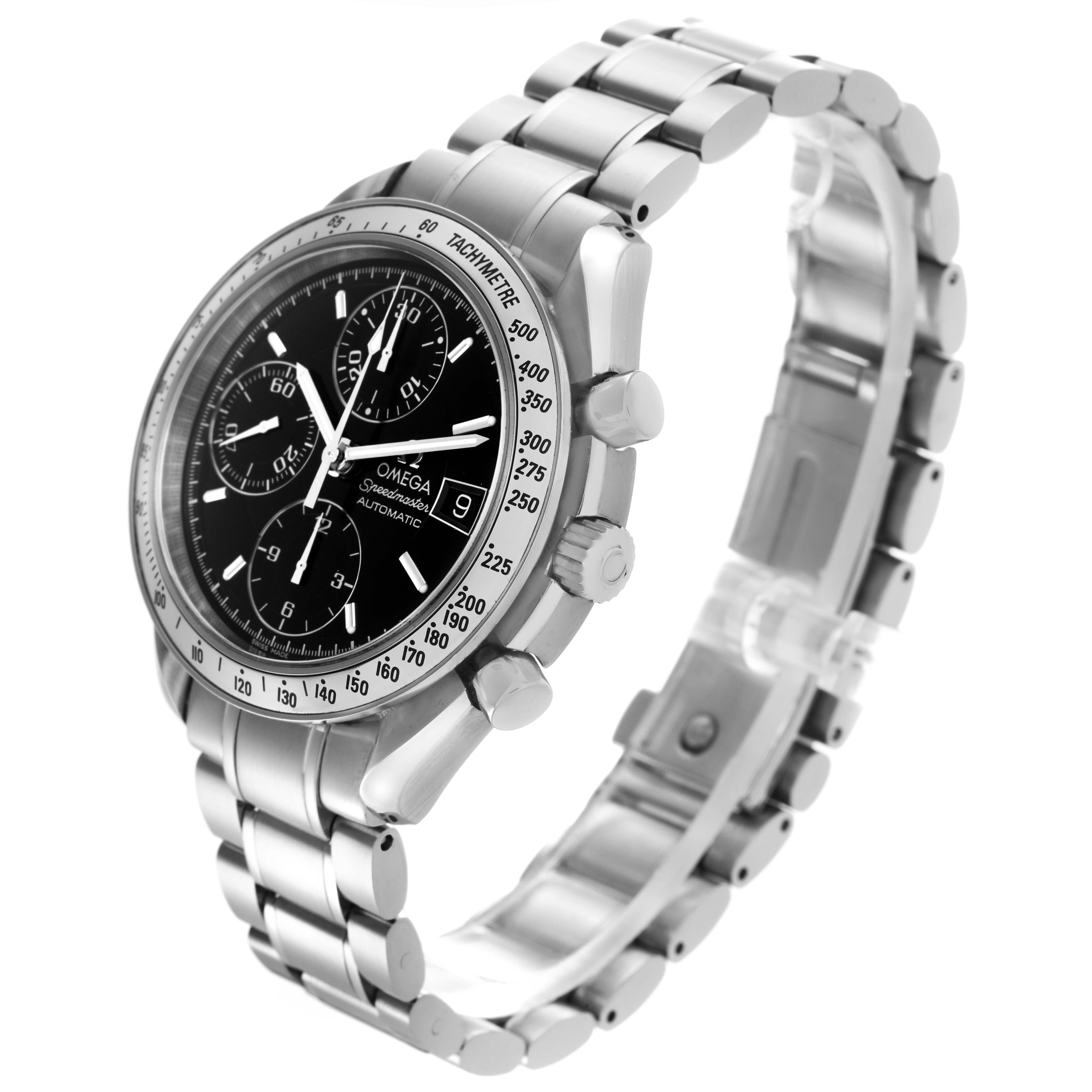 The Omega Speedmaster 3513.50.00 Men's Stainless Steel Black Dial 3513.50.00 Men's Stainless Steel Black Dial watch is shown at a slight side angle, highlighting the face, chronograph, and stainless steel bracelet.