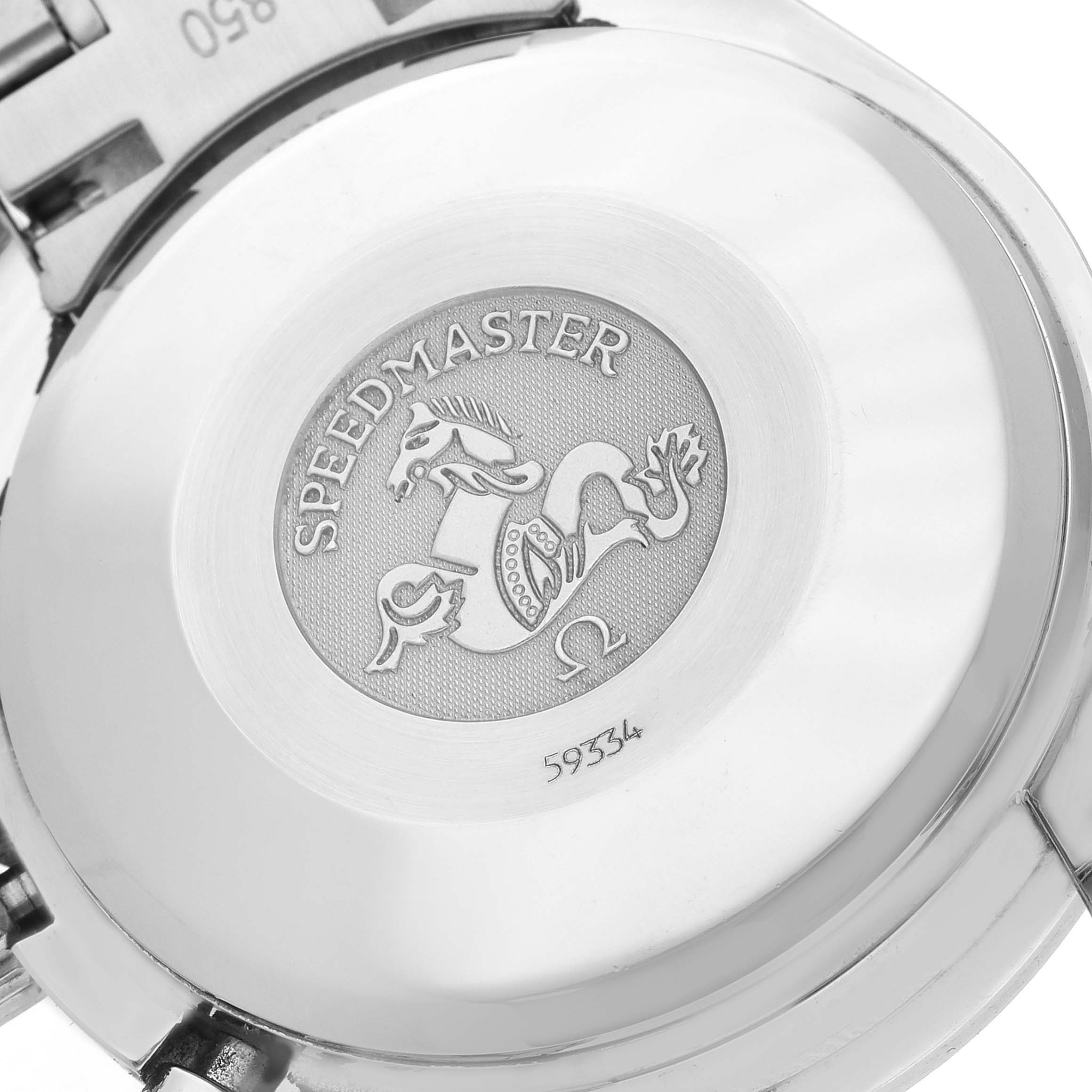 The image shows the back case of an Omega Speedmaster 3513.50.00 Men's Stainless Steel Black Dial 3513.50.00 Men's Stainless Steel Black Dial, featuring an engraved emblem and the model name.