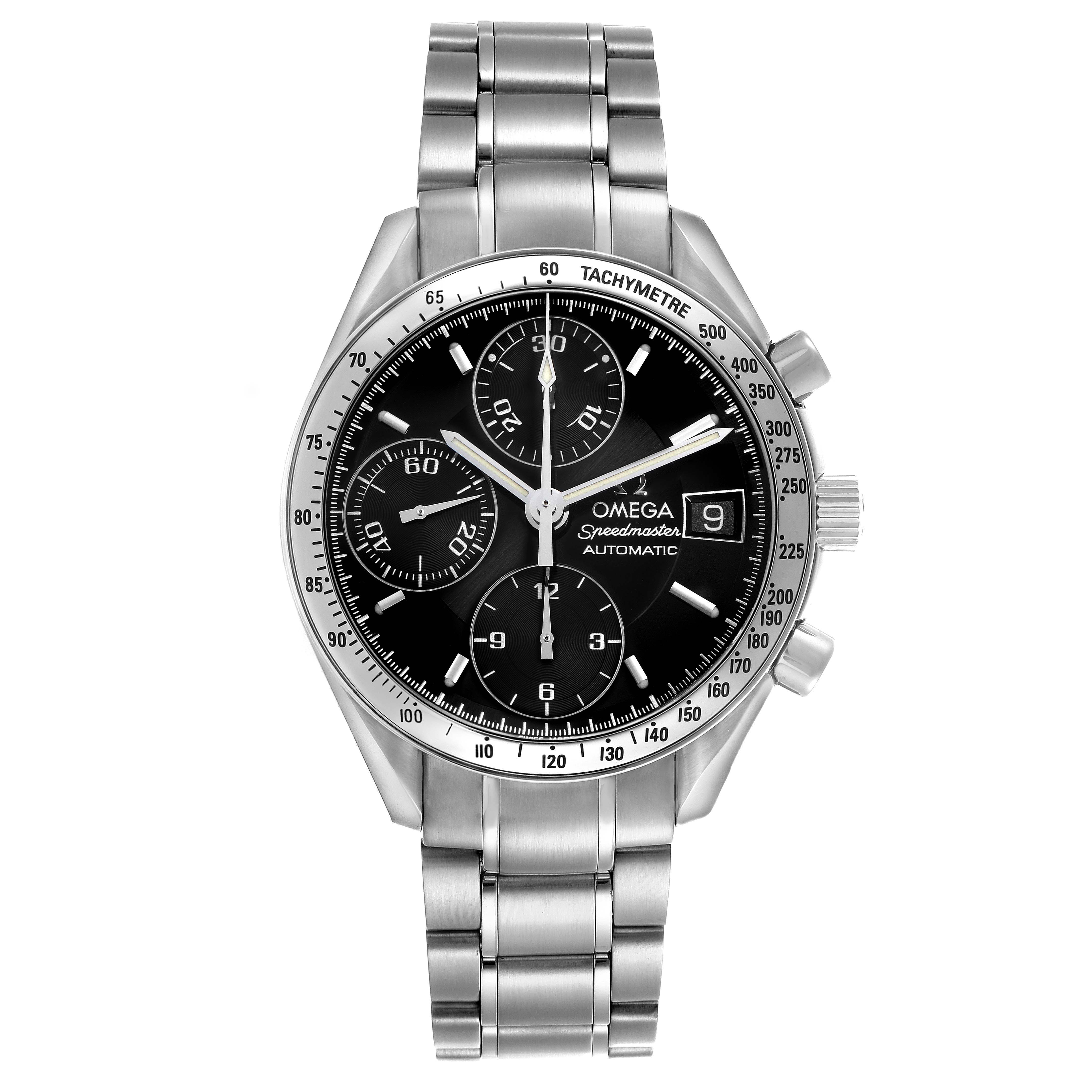 The Omega Speedmaster 3513.50.00 Men's Stainless Steel Black Dial 3513.50.00 Men's Stainless Steel Black Dial is shown from the front, displaying the dial, tachymeter bezels, and stainless steel bracelet.