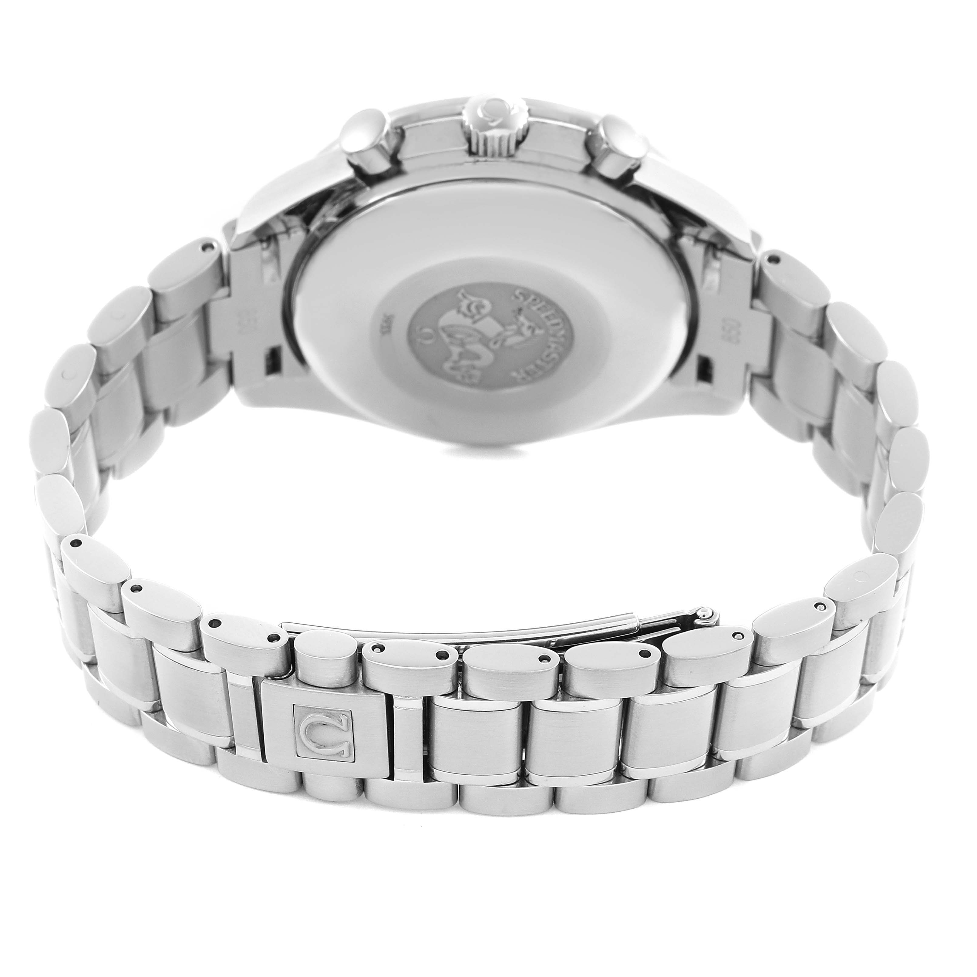 The Omega Speedmaster 3513.50.00 Men's Stainless Steel Black Dial 3513.50.00 Men's Stainless Steel Black Dial watch is shown from the rear, highlighting the case back, crown, pushers, and metal bracelet.