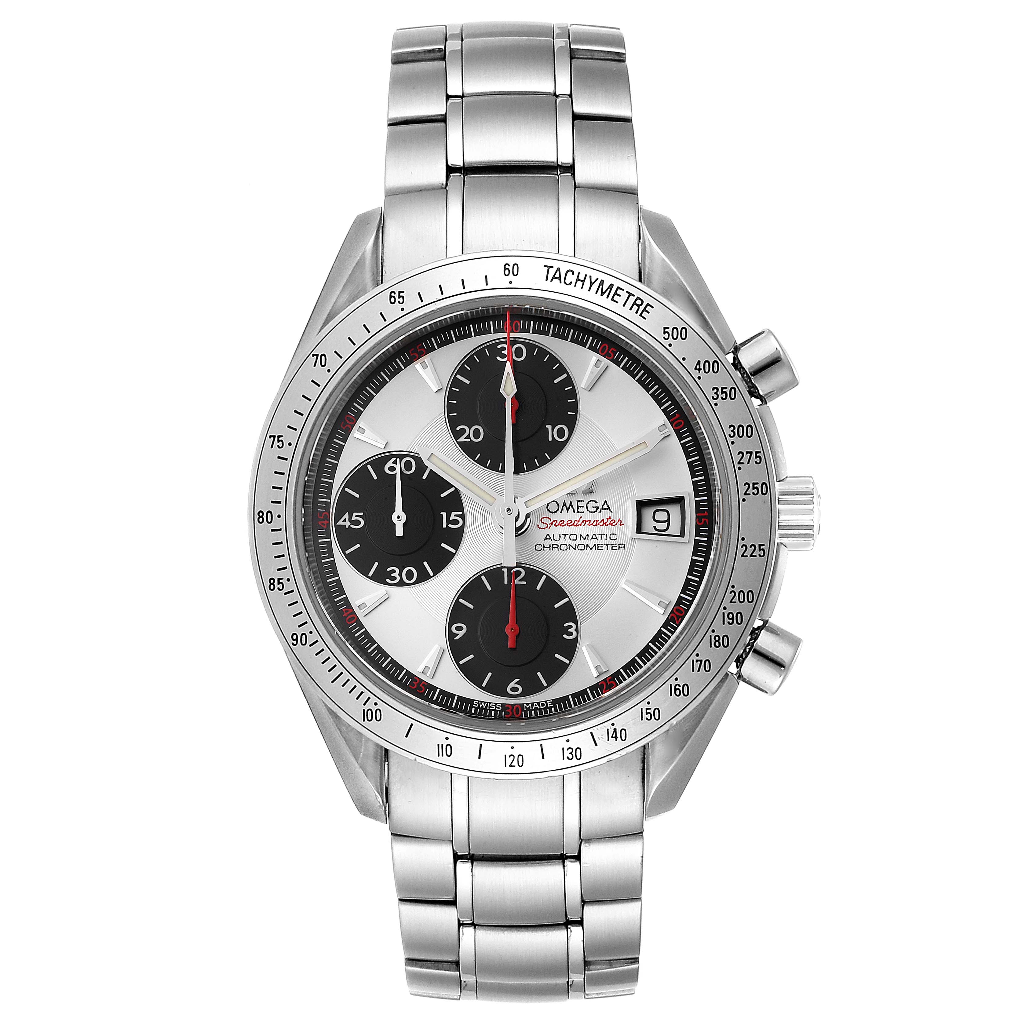 The image shows a frontal view of an Omega Speedmaster 3211.31.00 Men's Stainless Steel Silver Dial 3211.31.00 Men's Stainless Steel Silver Dial watch with a stainless steel band and tachymeter bezel.