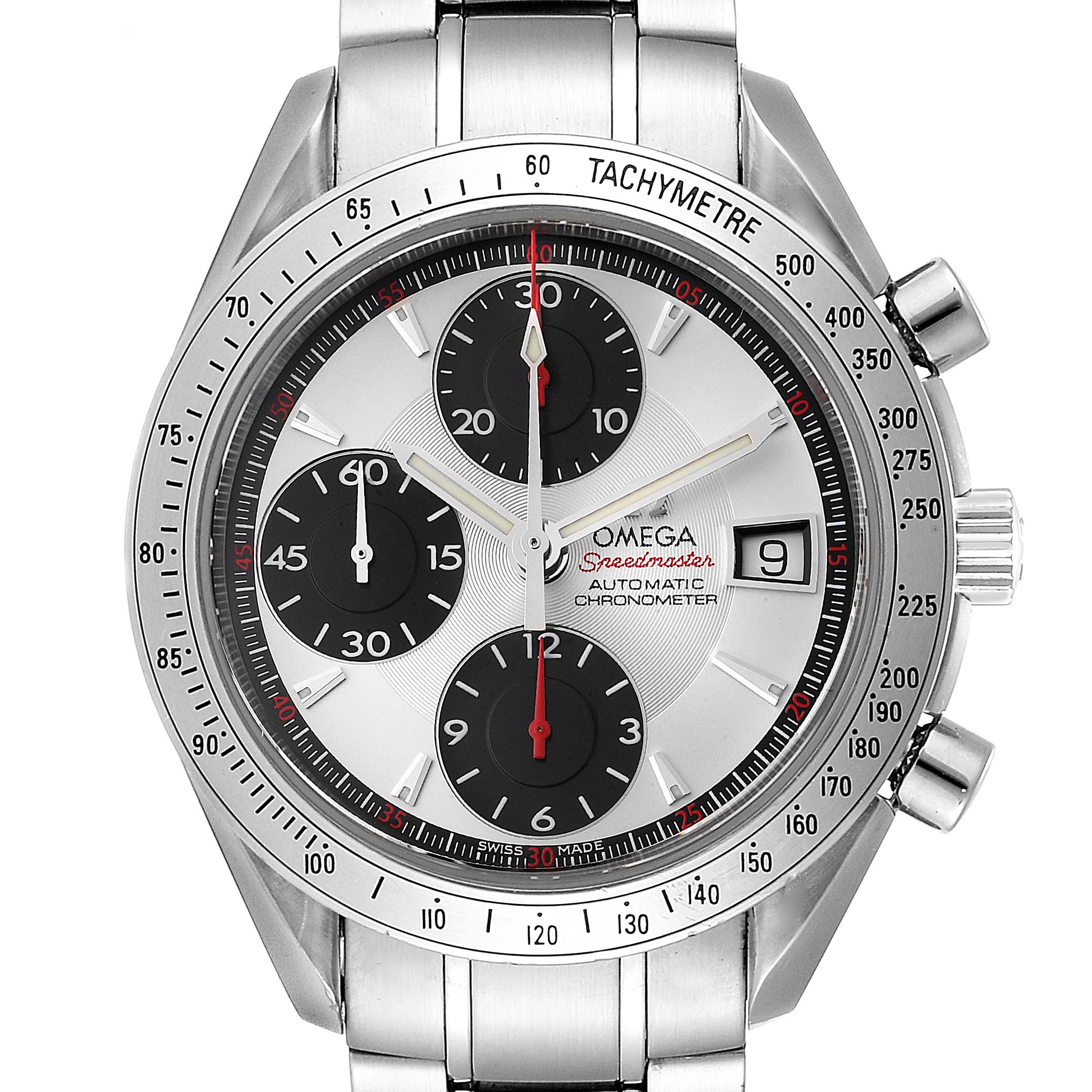 The image shows a front view of the Omega Speedmaster 3211.31.00 Men's Stainless Steel Silver Dial 3211.31.00 Men's Stainless Steel Silver Dial watch, highlighting the dial, chronographs, date display, and tachymeter bezel.