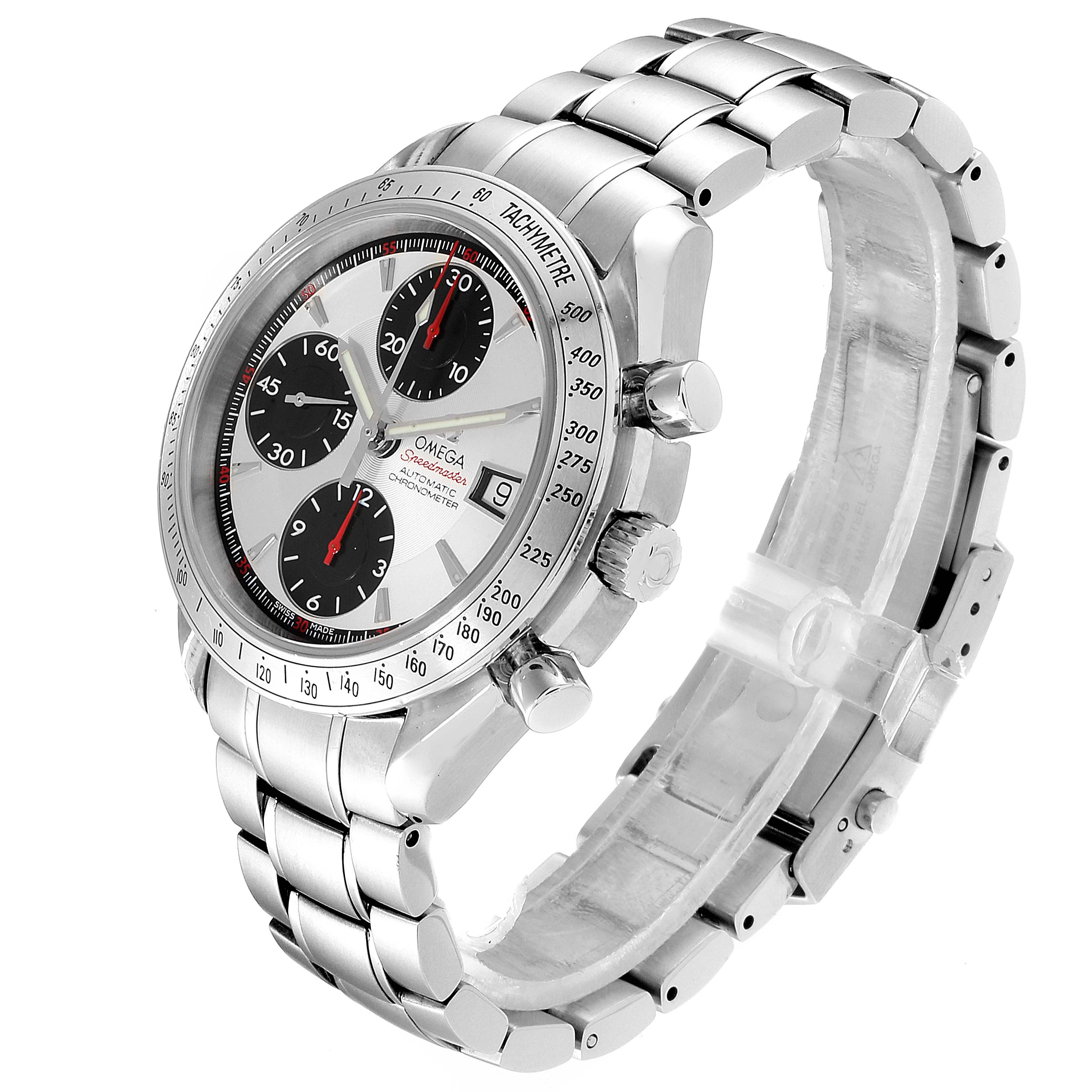 This side angle view of the Omega Speedmaster 3211.31.00 Men's Stainless Steel Silver Dial 3211.31.00 Men's Stainless Steel Silver Dial showcases its dial, pushers, crown, tachymeter bezel, and bracelet.