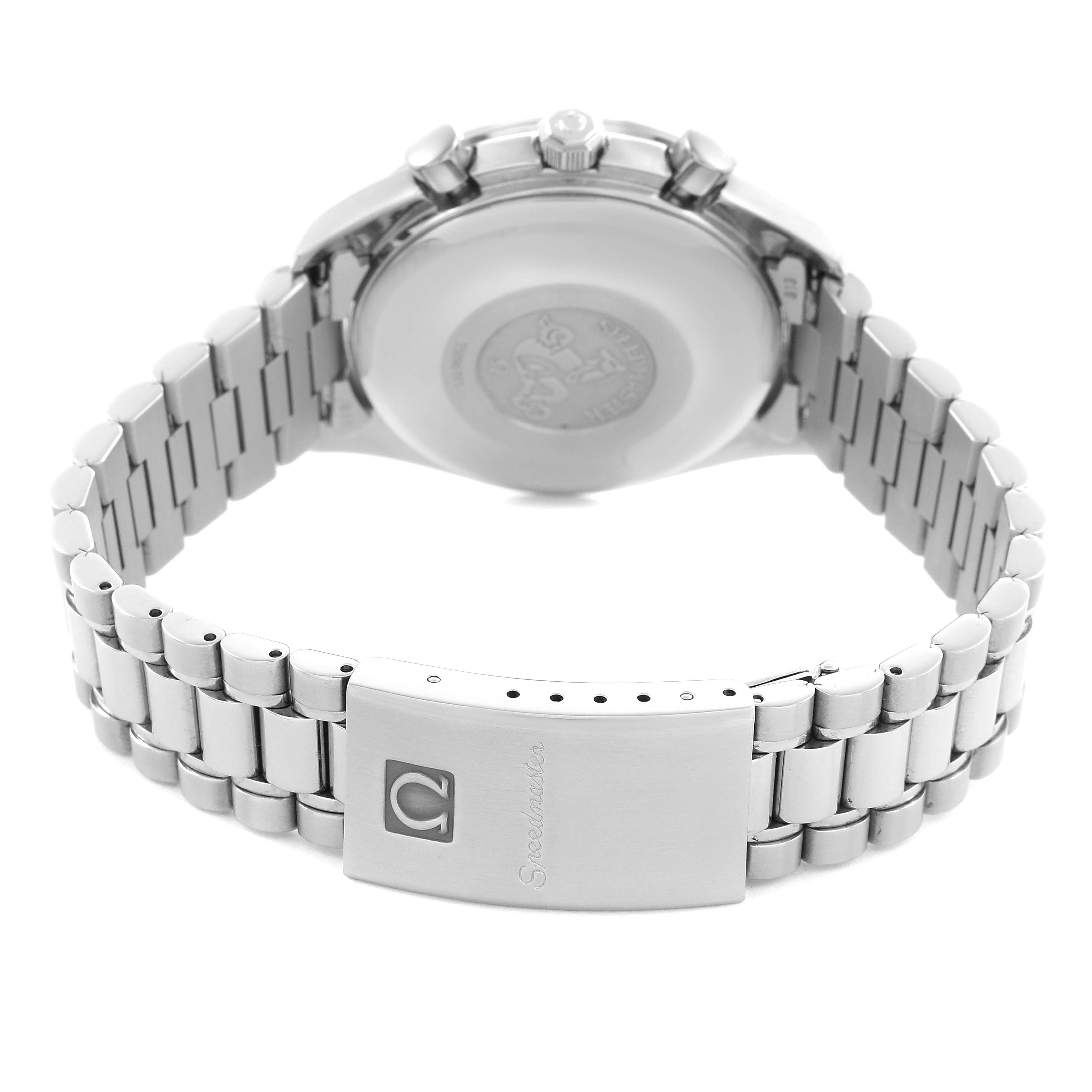 The image shows the back of an Omega Speedmaster 3511.12.00 Men
s Stainless Steel Yellow Dial 3511.12.00 Men
s Stainless Steel Yellow Dial, focusing on its case back, clasp, and metal bracelet from a rear angle.