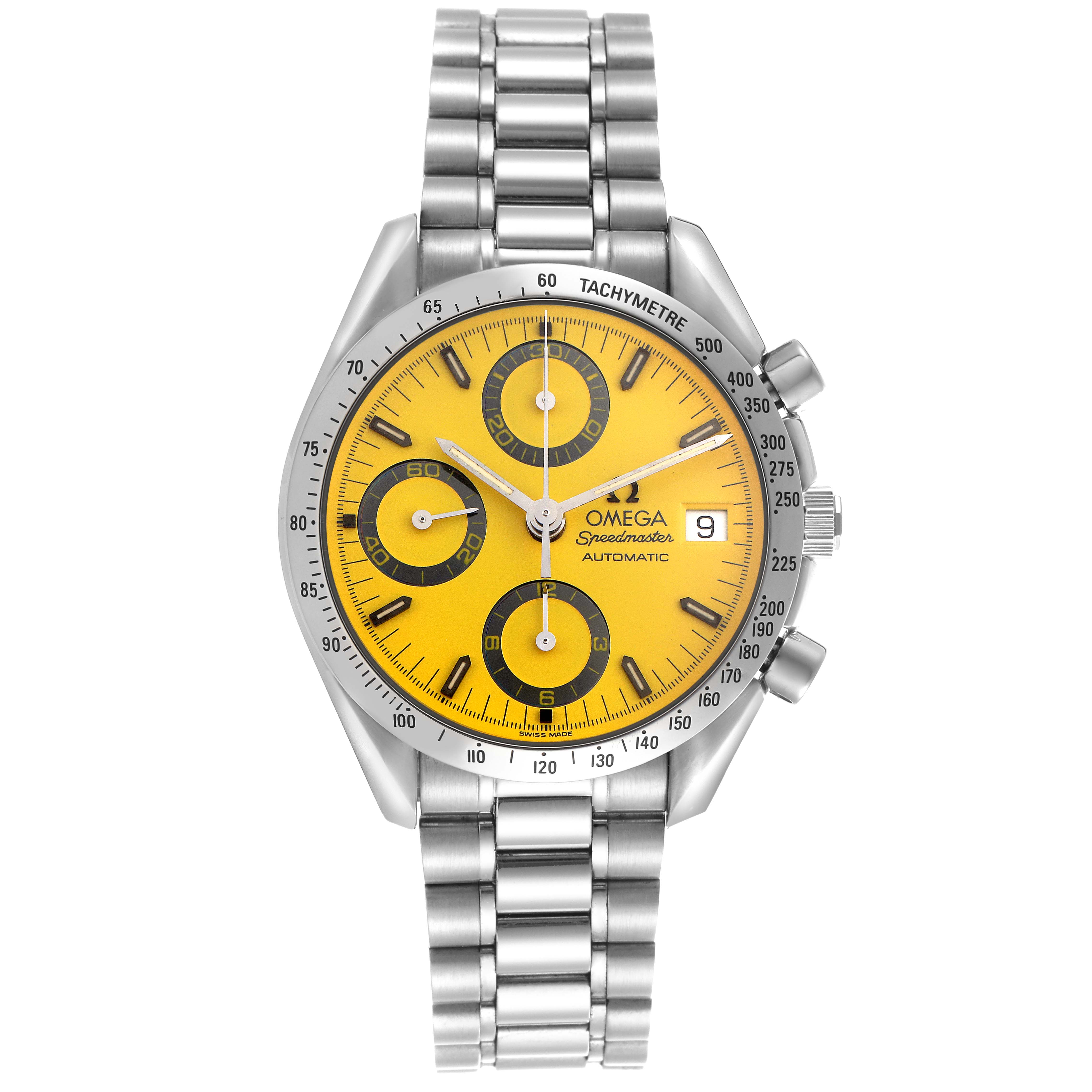 The Omega Speedmaster 3511.12.00 Men
s Stainless Steel Yellow Dial 3511.12.00 Men
s Stainless Steel Yellow Dial watch is shown from a front angle, displaying the face, bezel, and stainless steel bracelet.